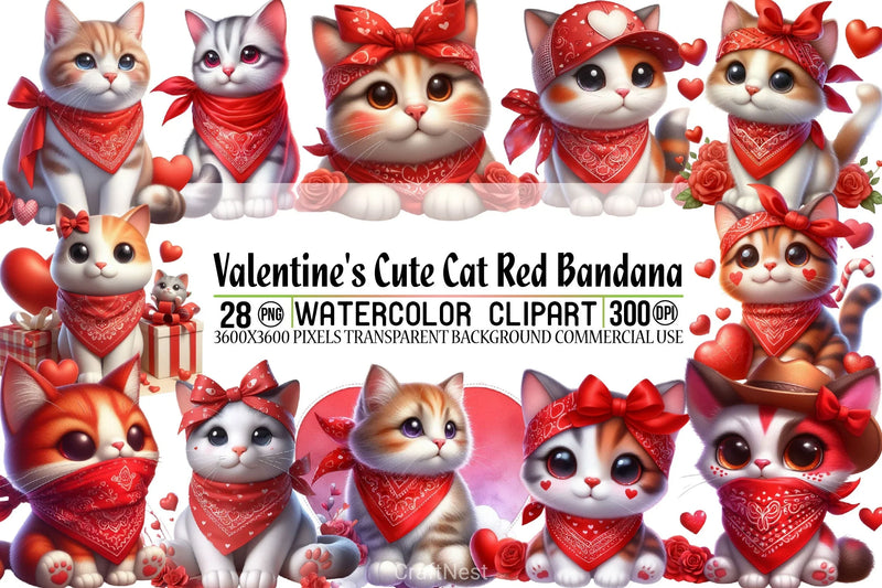 Valentine's Cat Bandana Clipart Bundle - CraftNest - Digital Crafting and Art