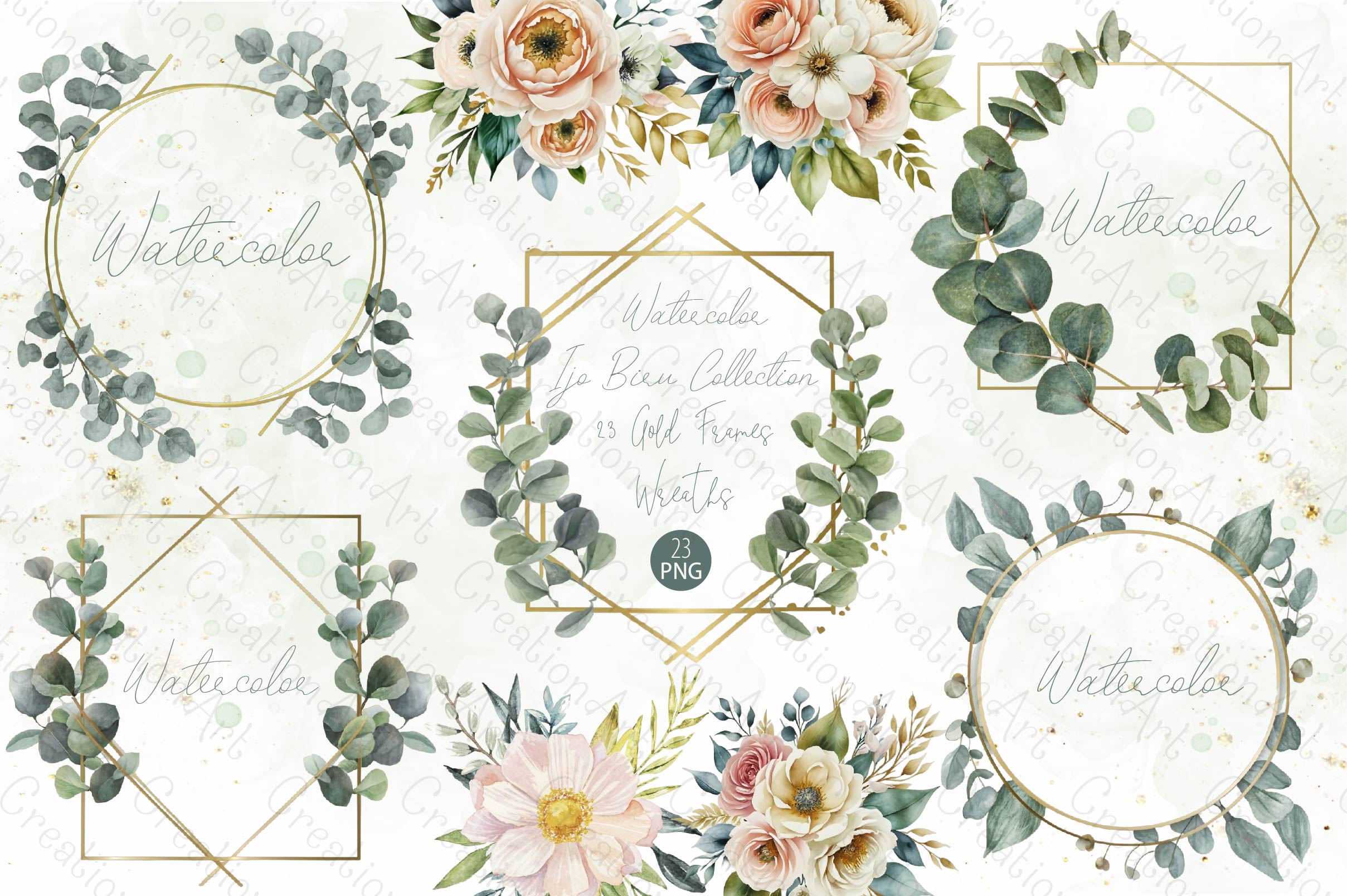 Gold Frames Eucalyptus Clipart Bundle