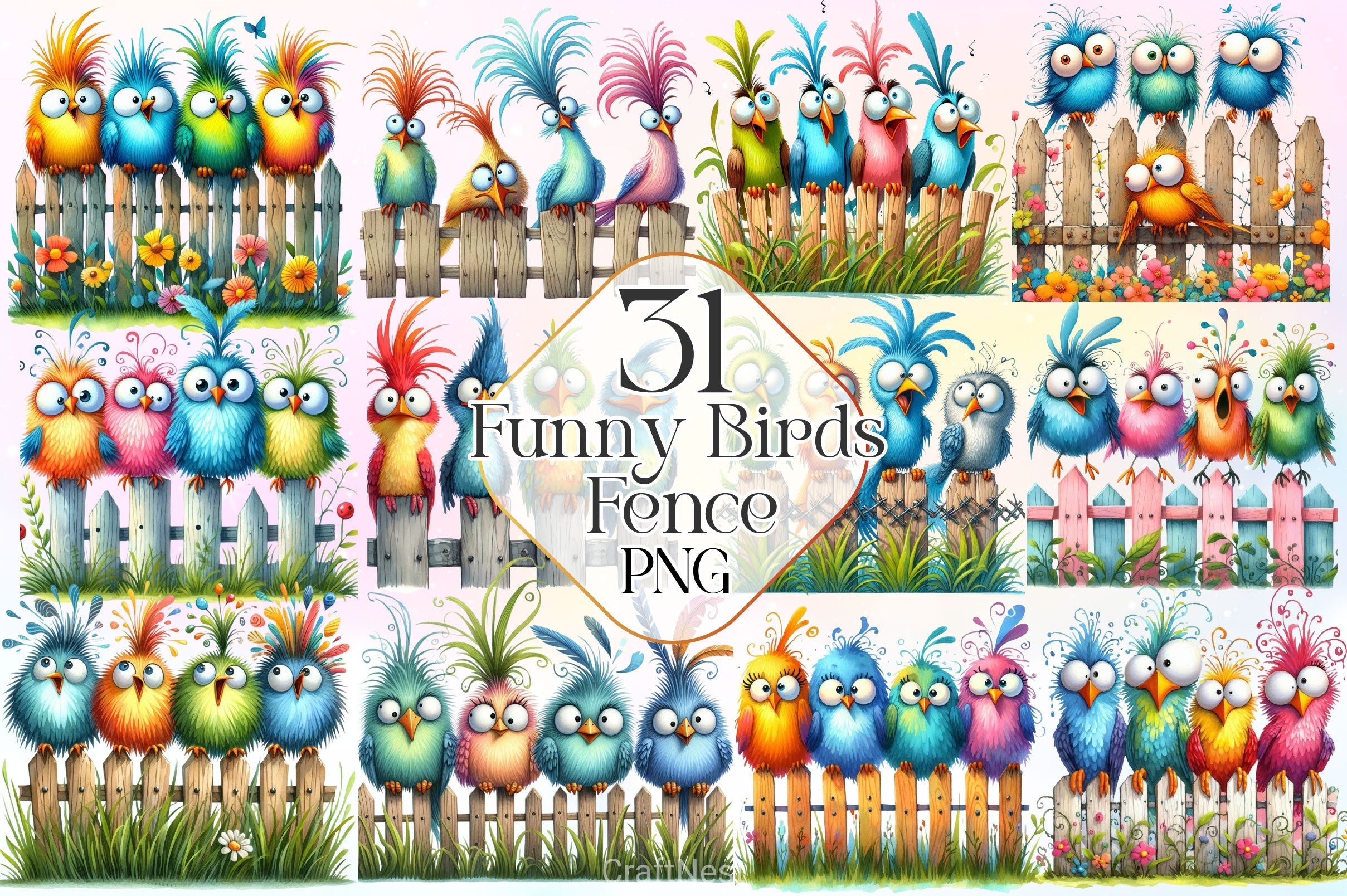 Funny Birds In Wooden Fence Clipart Bundle
