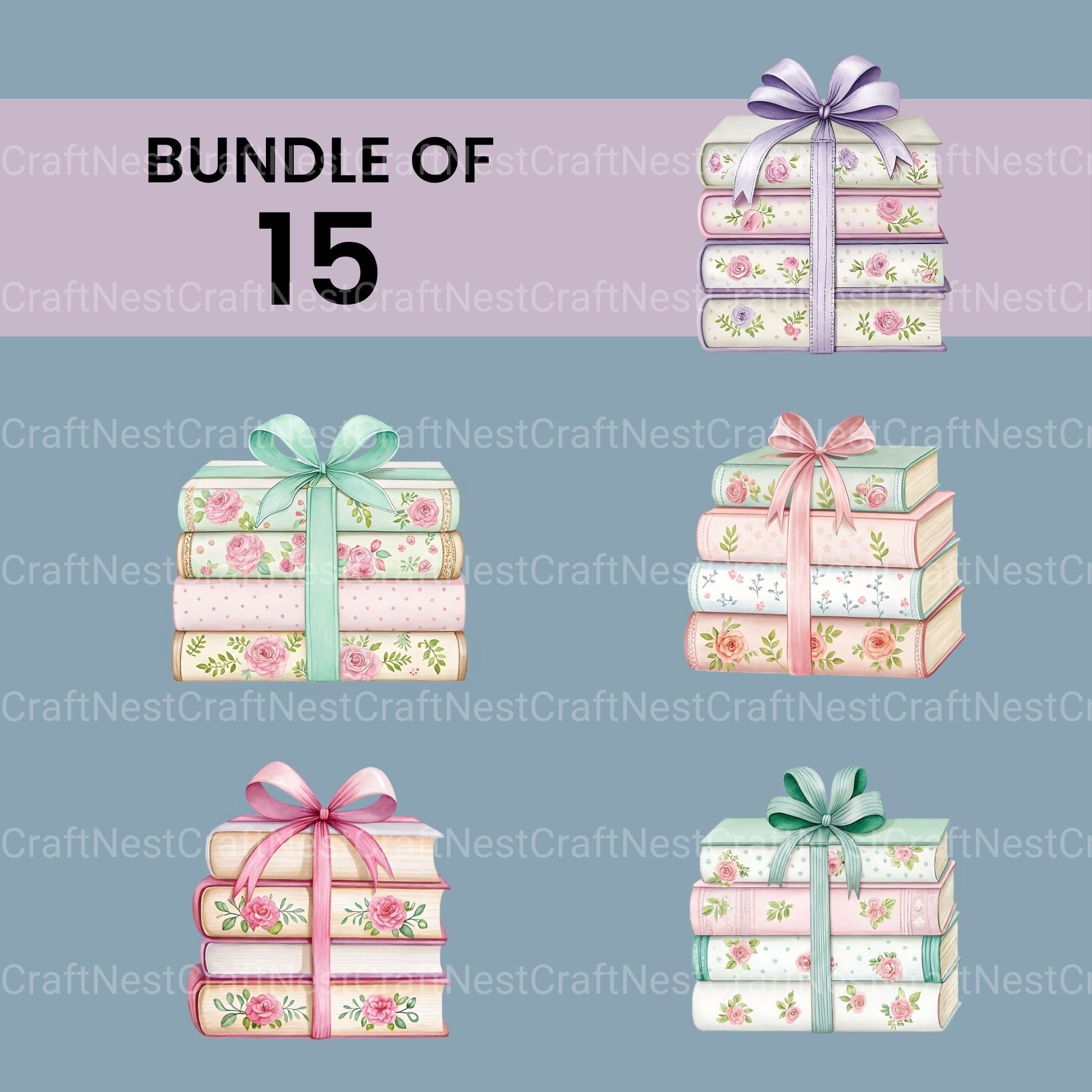 Floral Books Ribbons Clipart Bundle