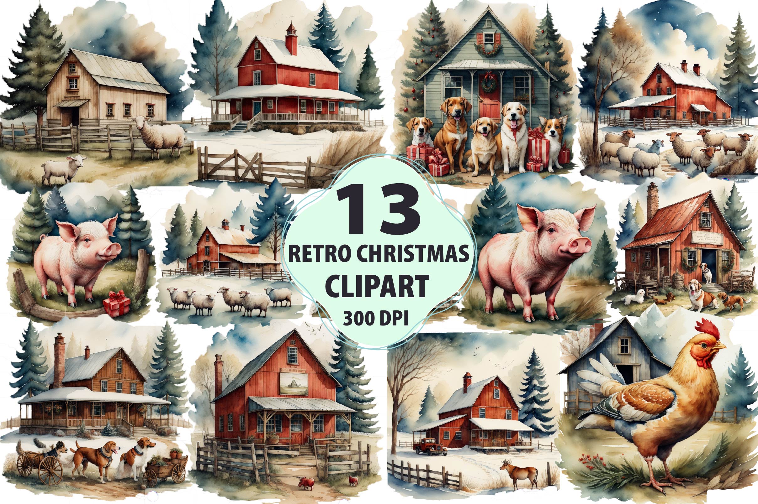 Vintage Farm Christmas Clipart Bundle