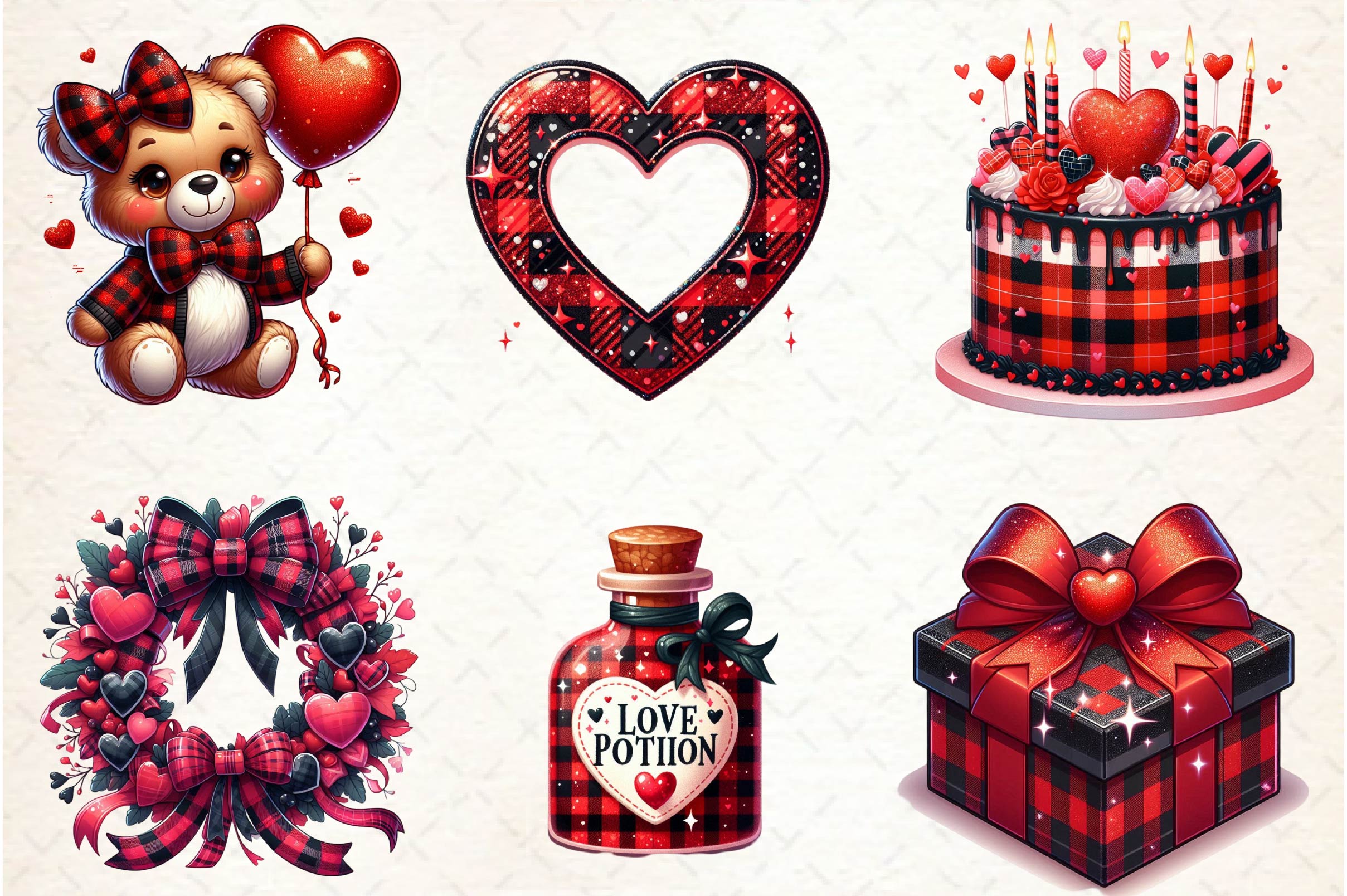 Red & Black Glitter Plaid Valentine Clipart Bundle