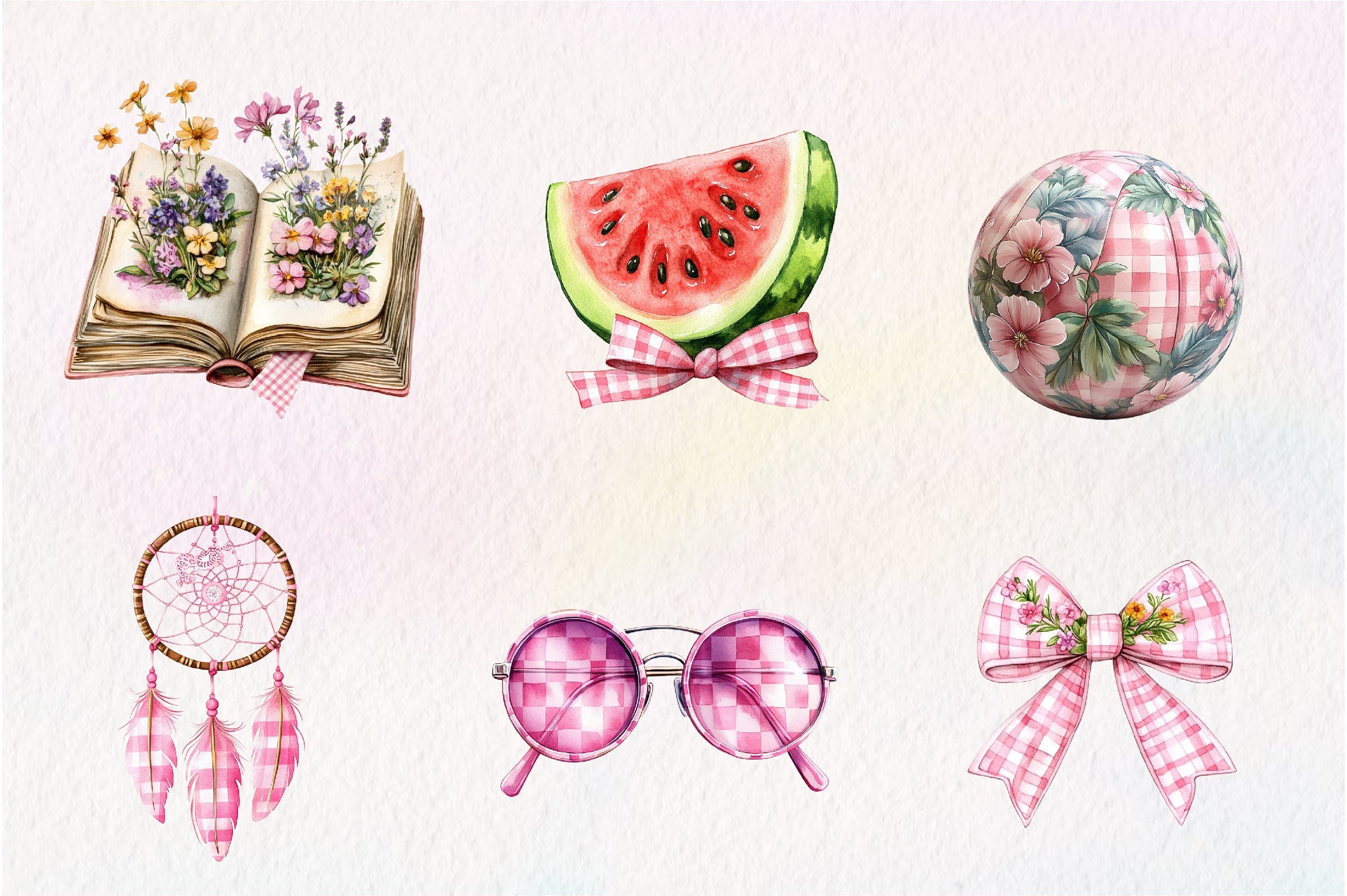 Bohemian Pink Gingham Summer Clipart Bundle