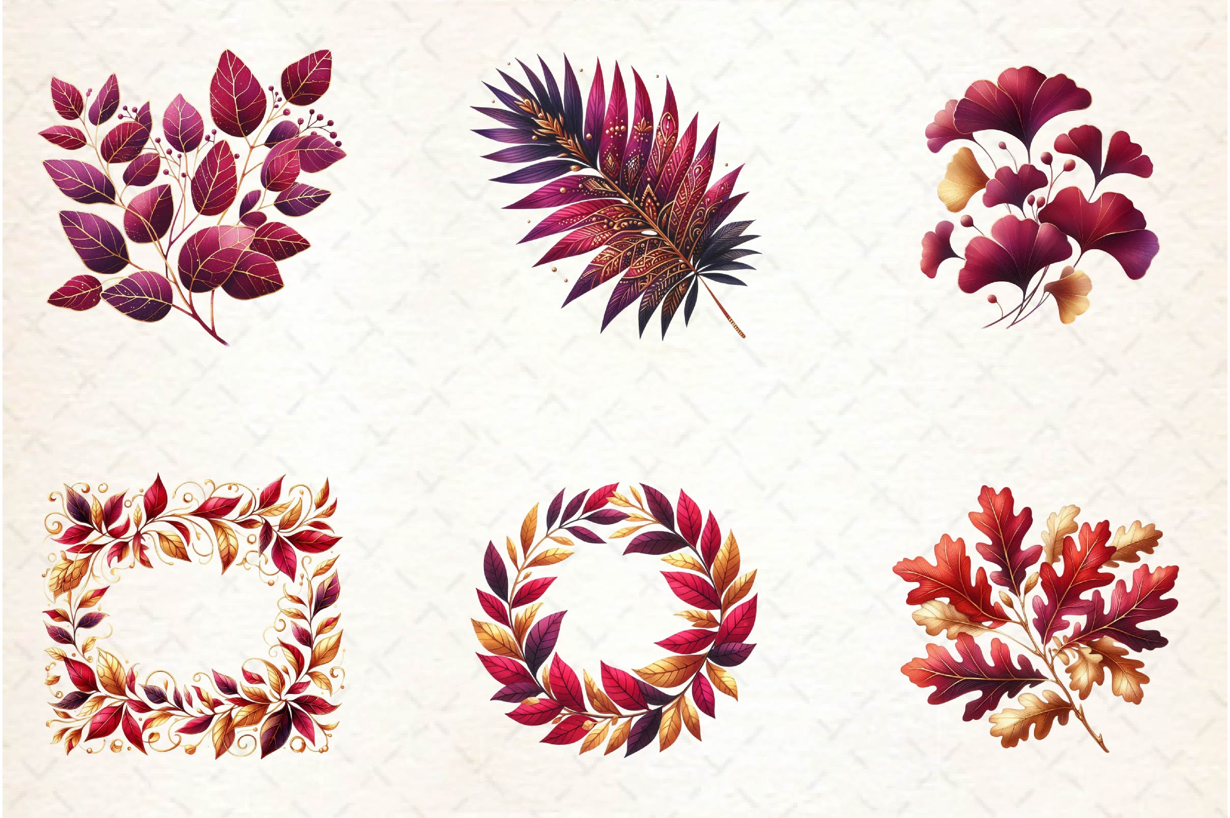 Burgundy And Gold Leaves Clipart Bundle