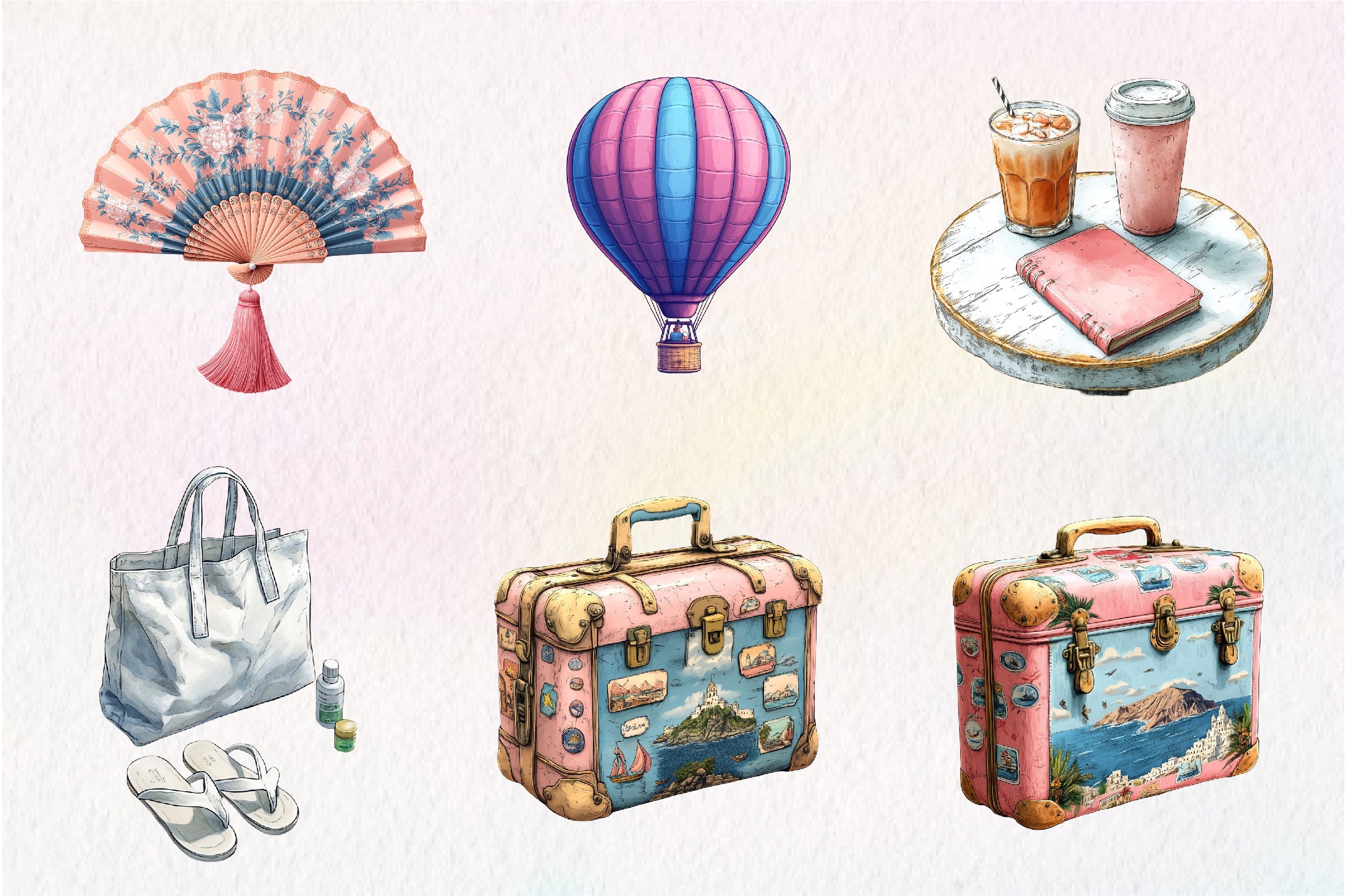 Pink Summer Santorini Travel Clipart Bundle