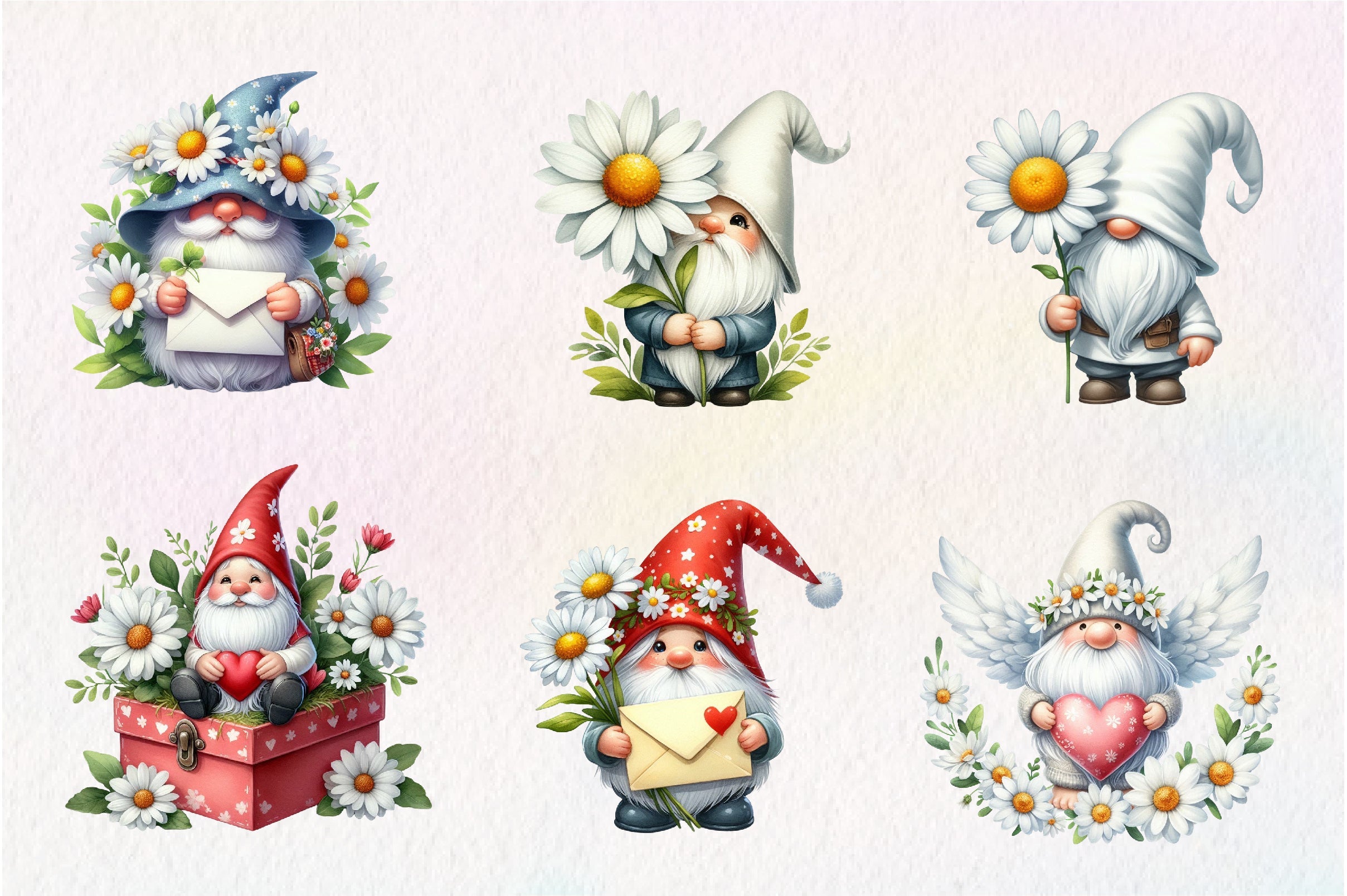 White Gnome Daisy Clipart Bundle