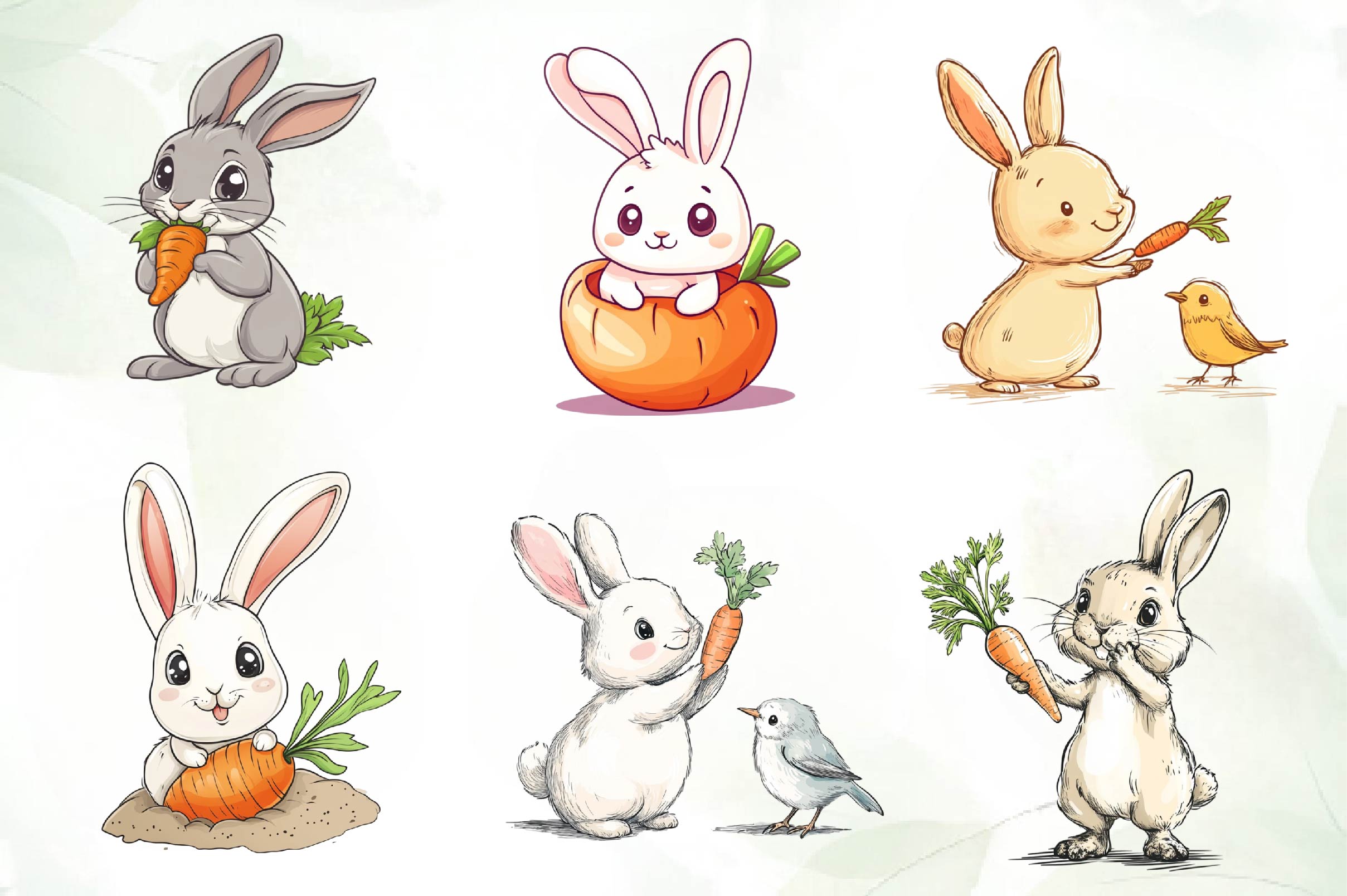 Hand Painted Bunny With Carrots Clipart Bundle