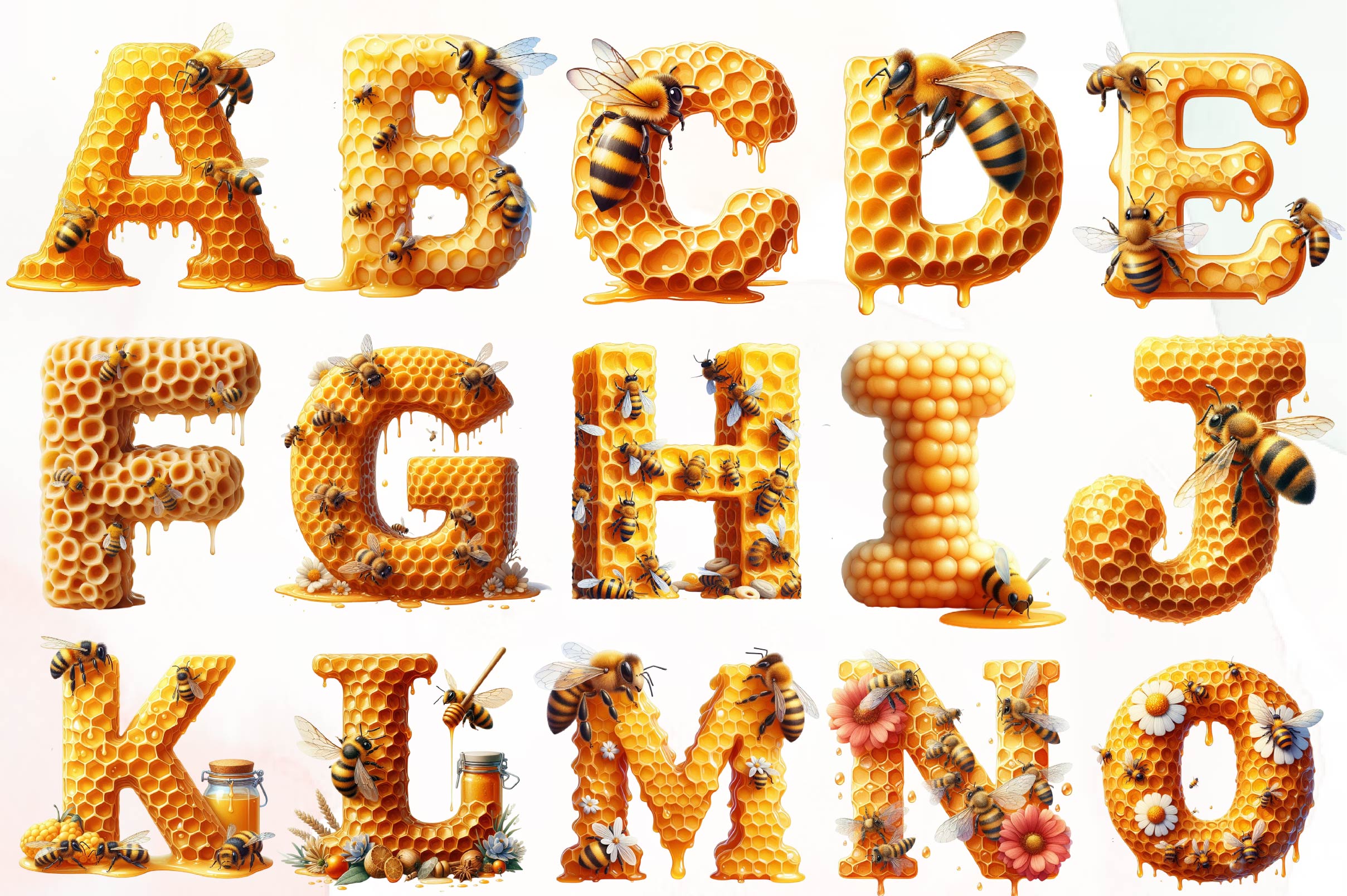 Honey Bee Alphabet Number Clipart Bundle