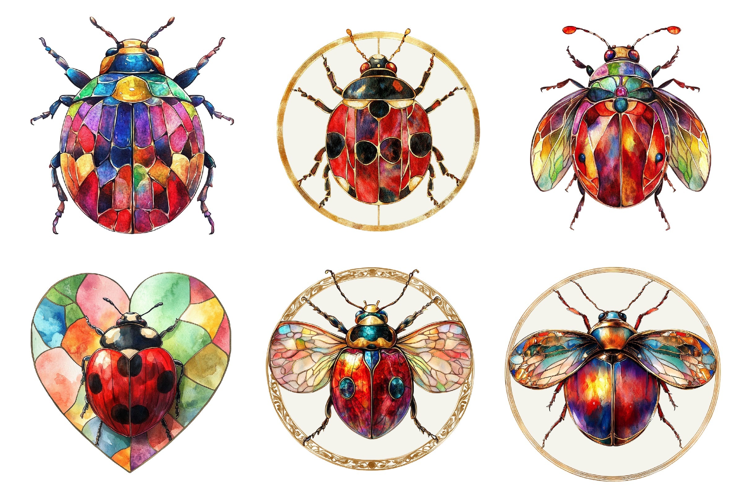 Round Stained Glass Ladybug Clipart Bundle