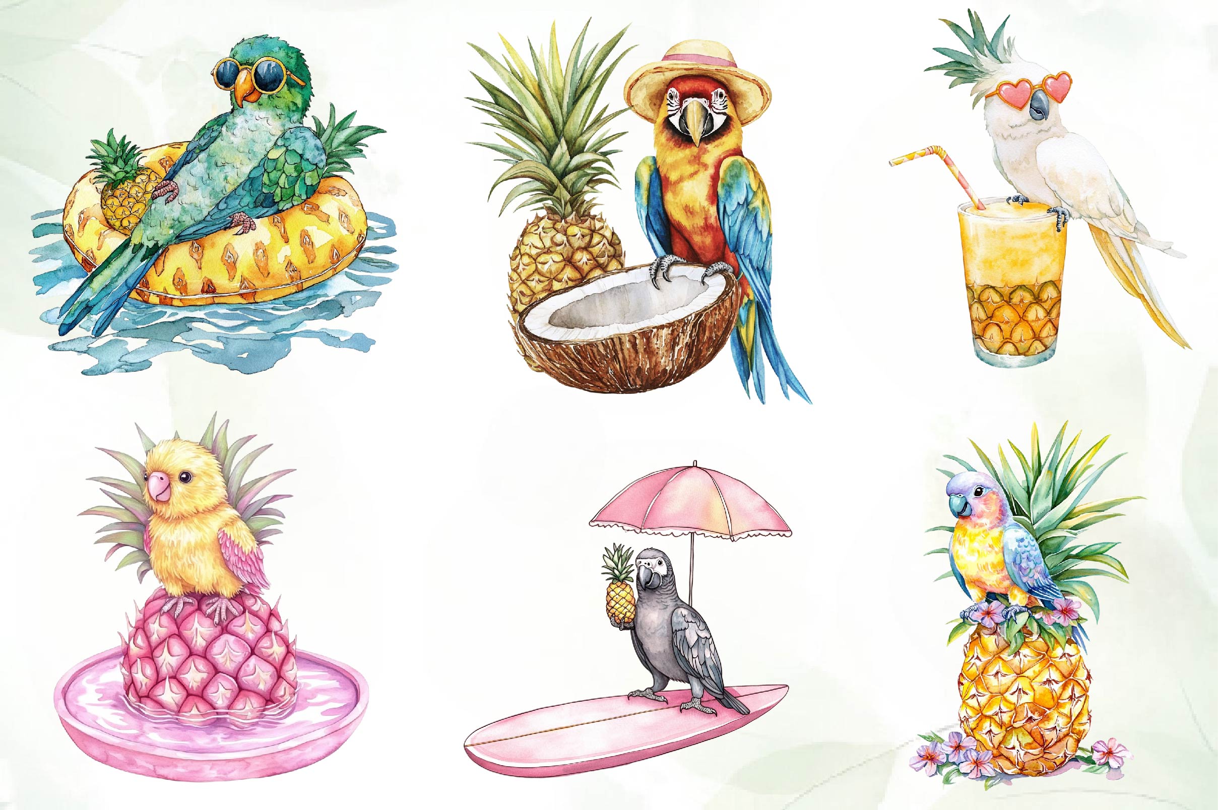 Cute Parrots & Pineapples Summer Clipart Bundle