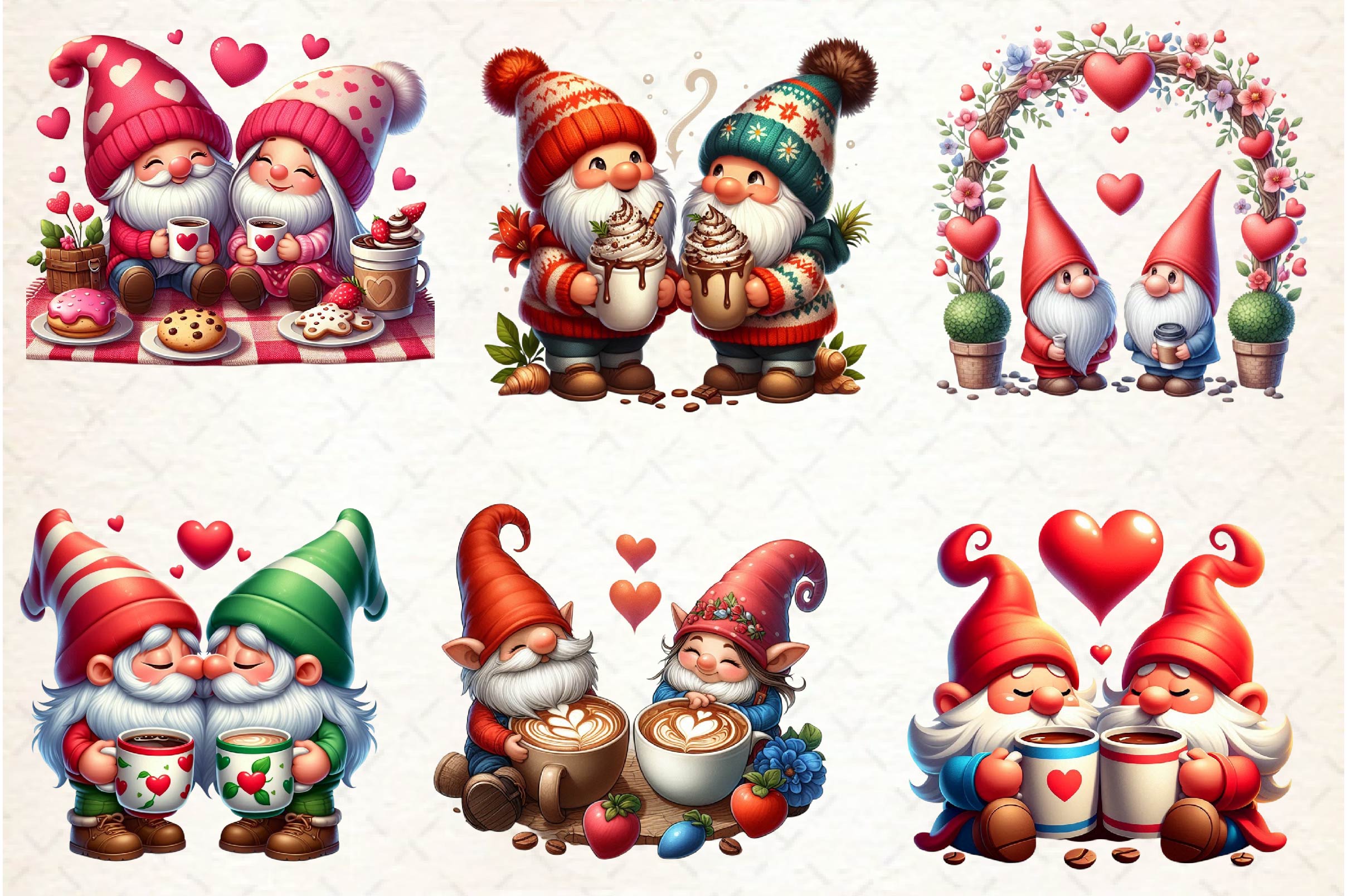 Valentine Gnome Couple Coffee Cup Clipart Bundle