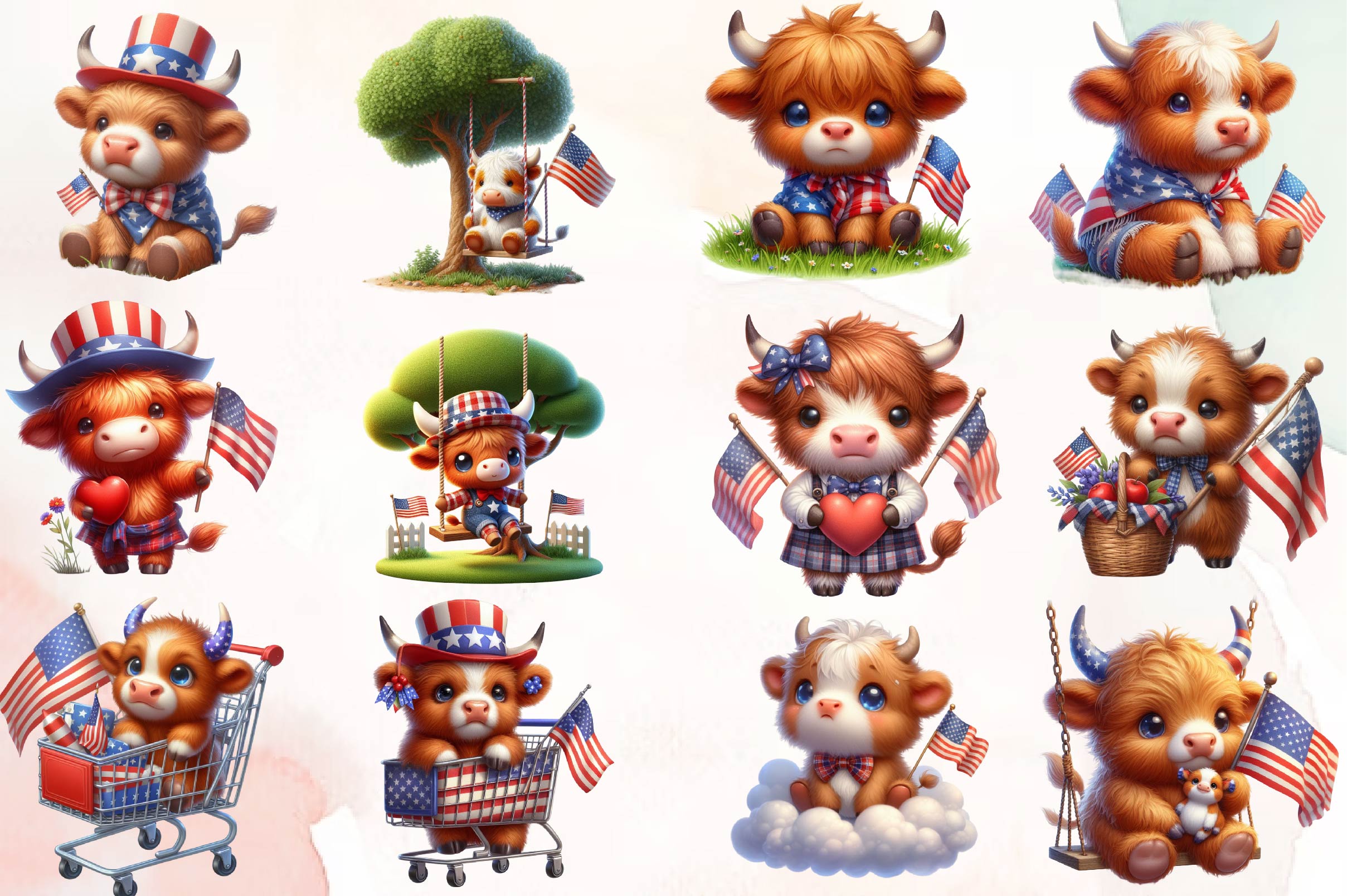 Patriotic Highland Cow Clipart Bundle 1
