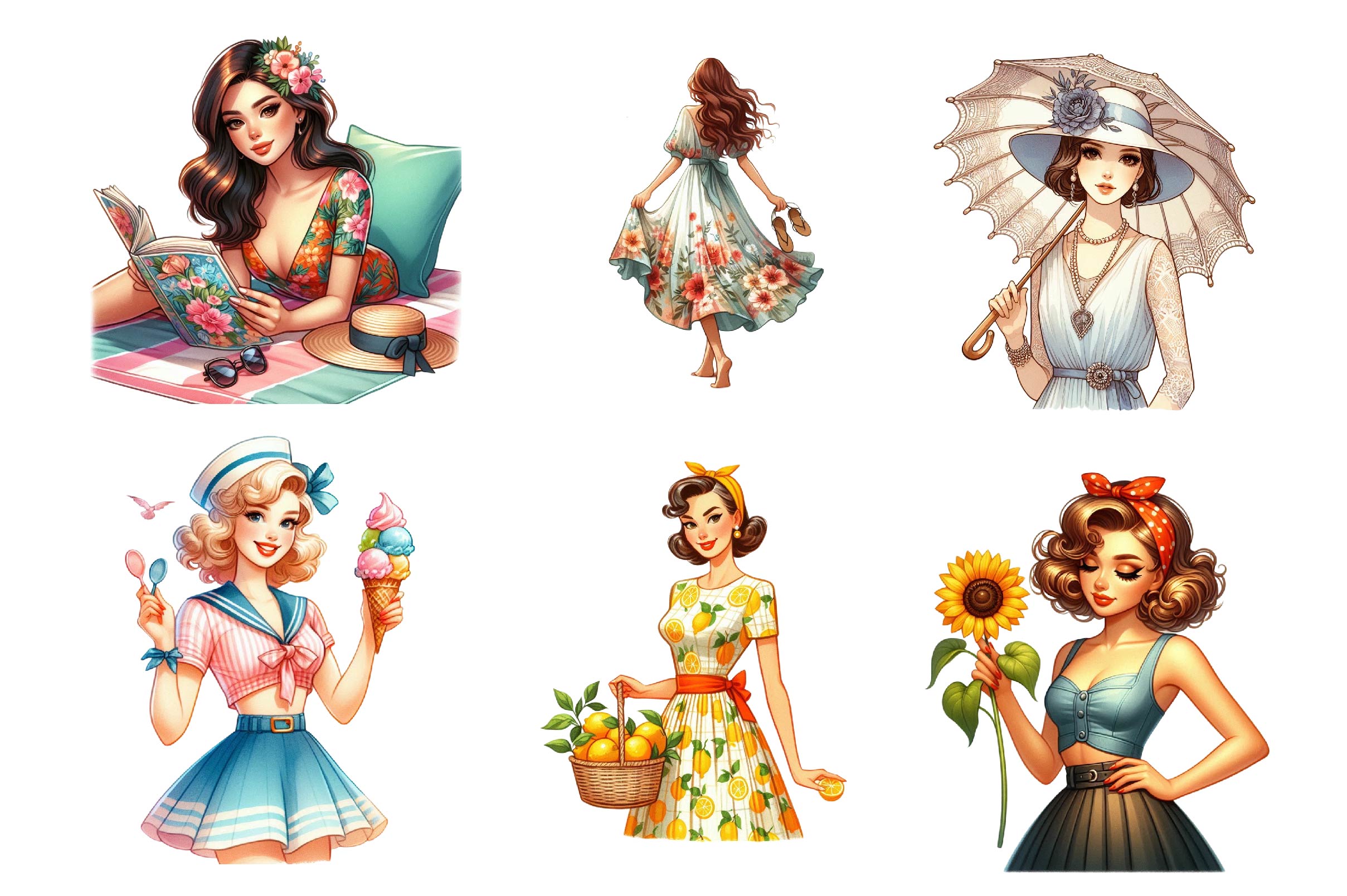 Summer Vintage Woman Clipart Bundle