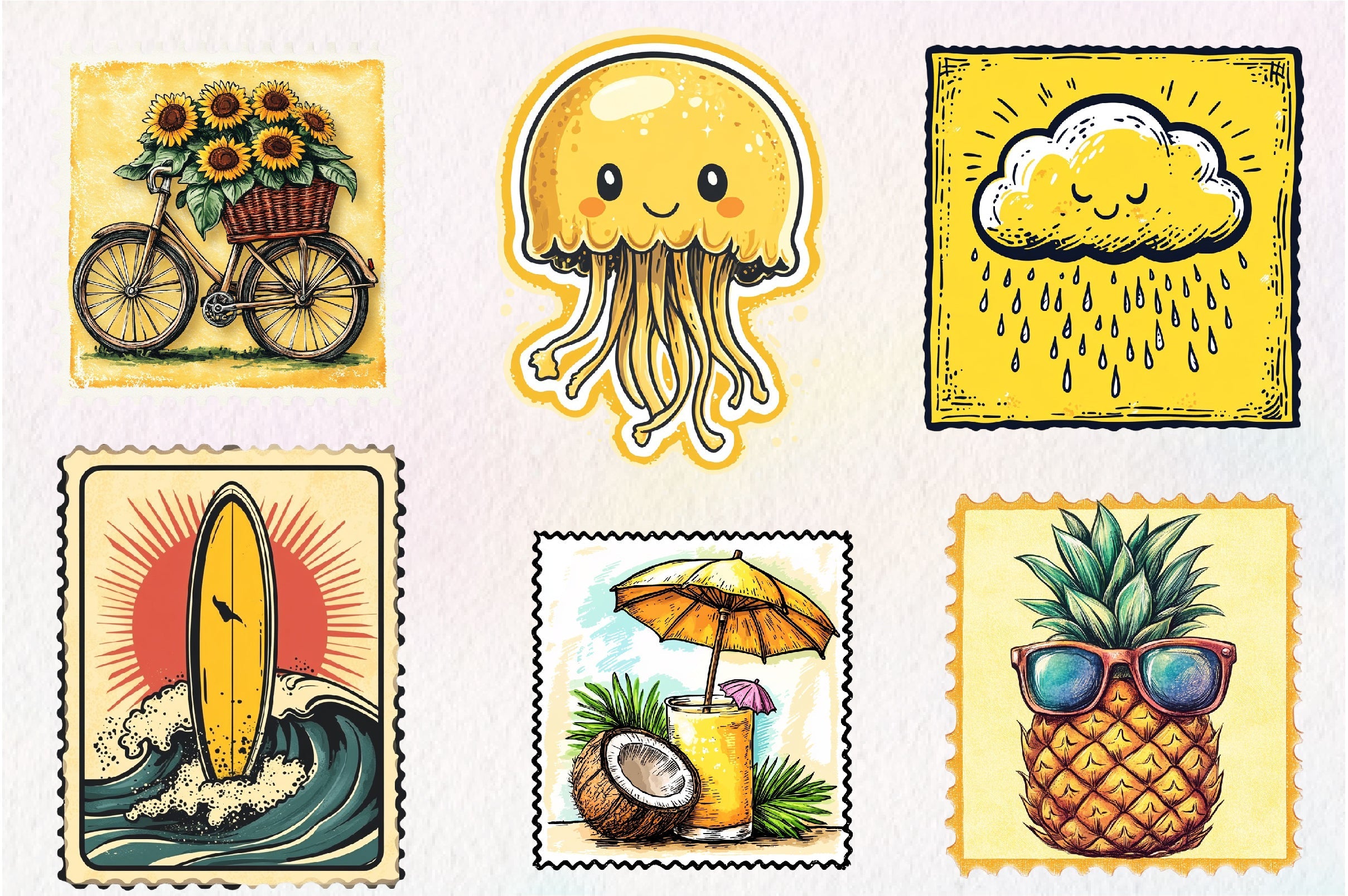 Yellow Summer Postage Stamps Clipart Bundle