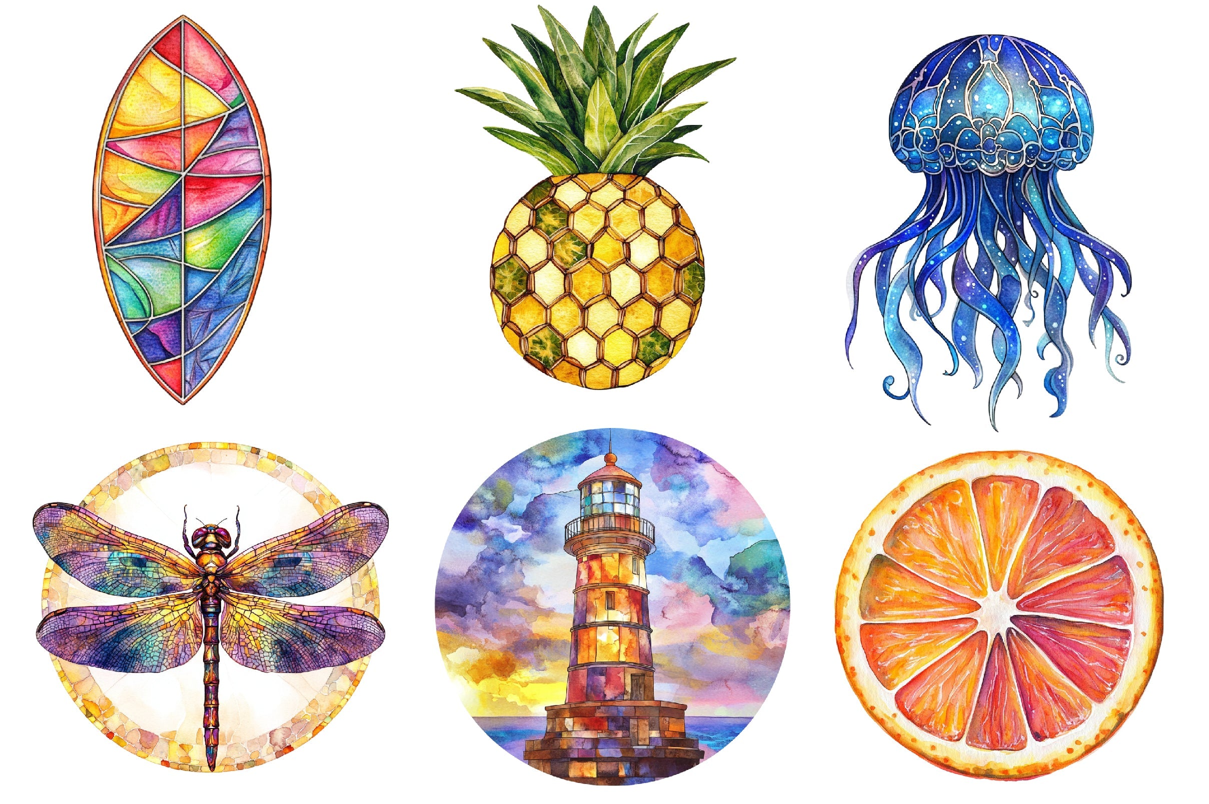 Round Stained Glass Summer Clipart Bundle