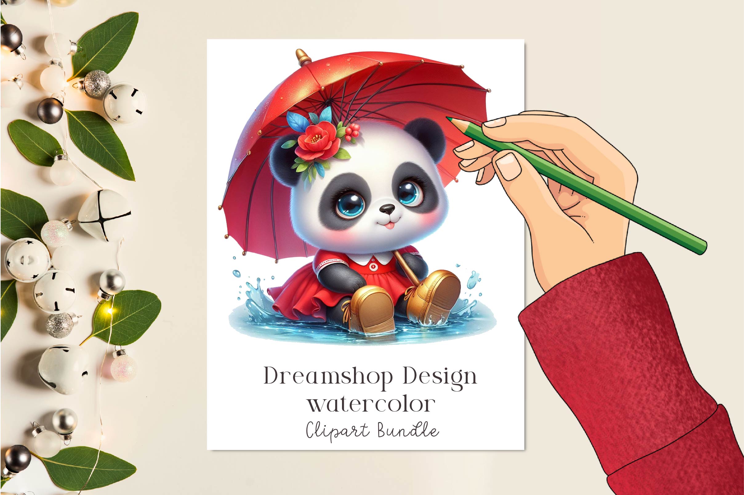Panda Rainbow Umbrella Clipart Bundle