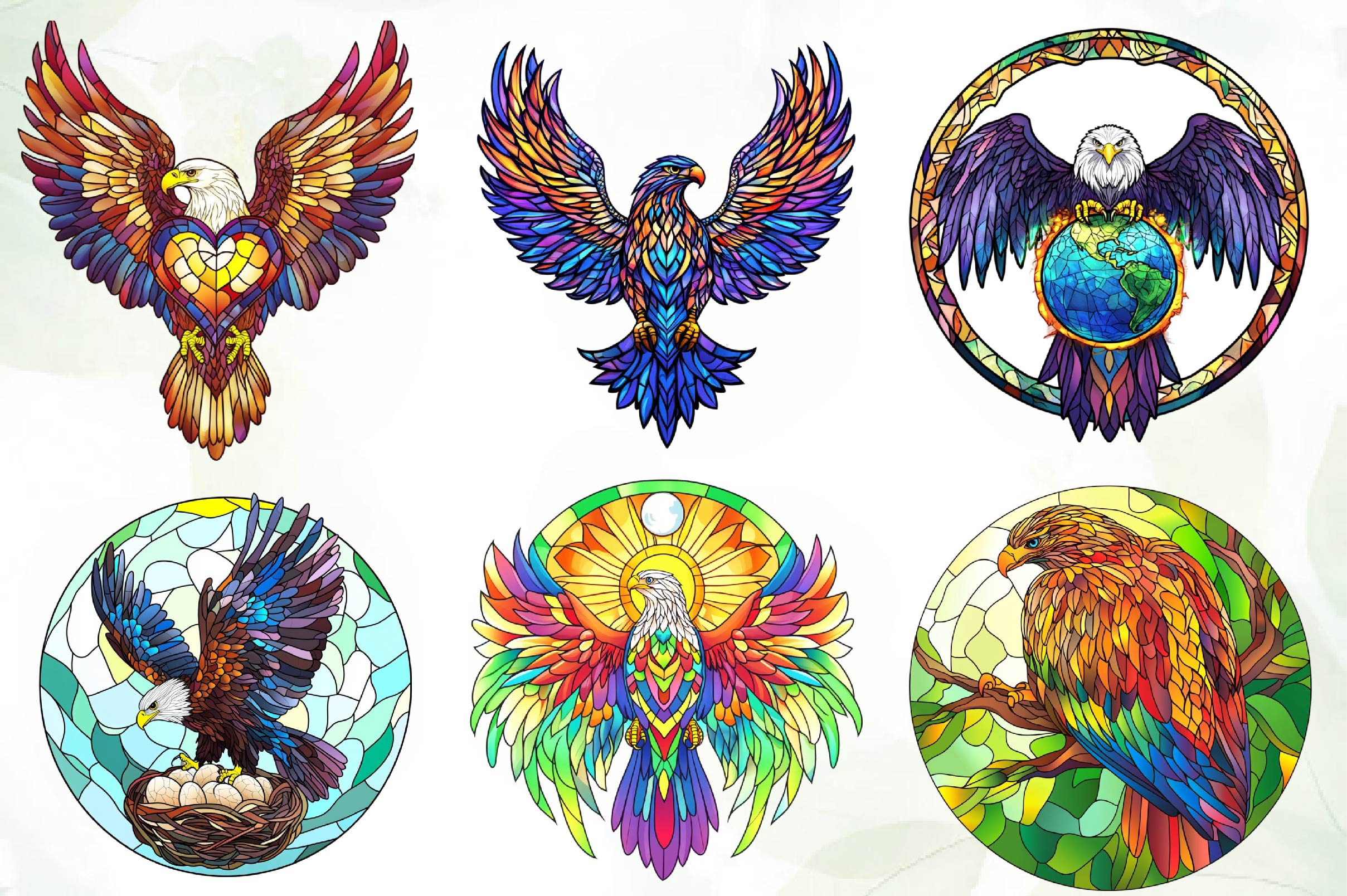 Round Stained Glass Eagle Embrace Clipart Bundle
