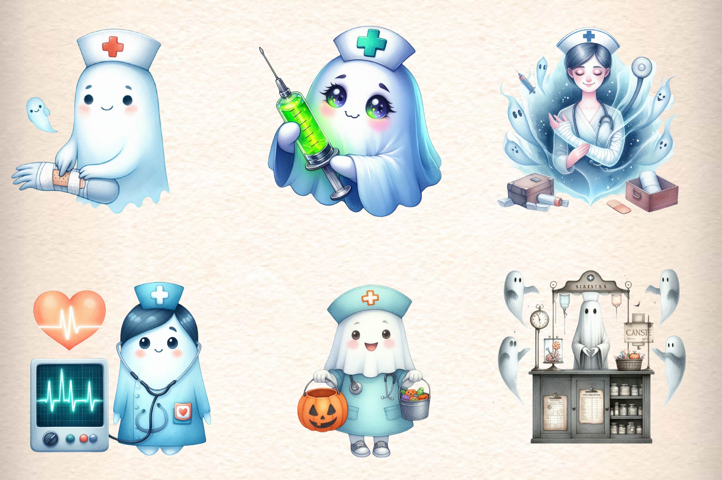 Cute Ghost Nurse Clipart Bundle