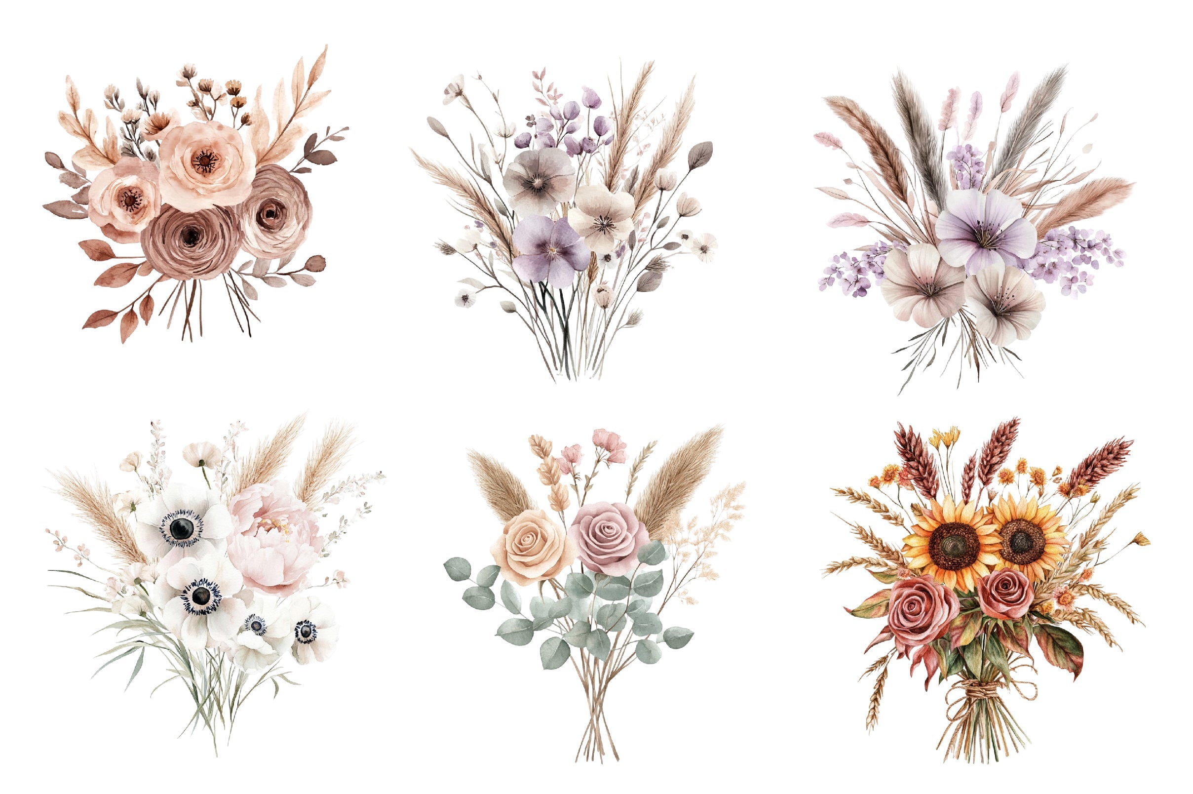 Boho Mothers Day Floral Bouquets Clipart Bundle