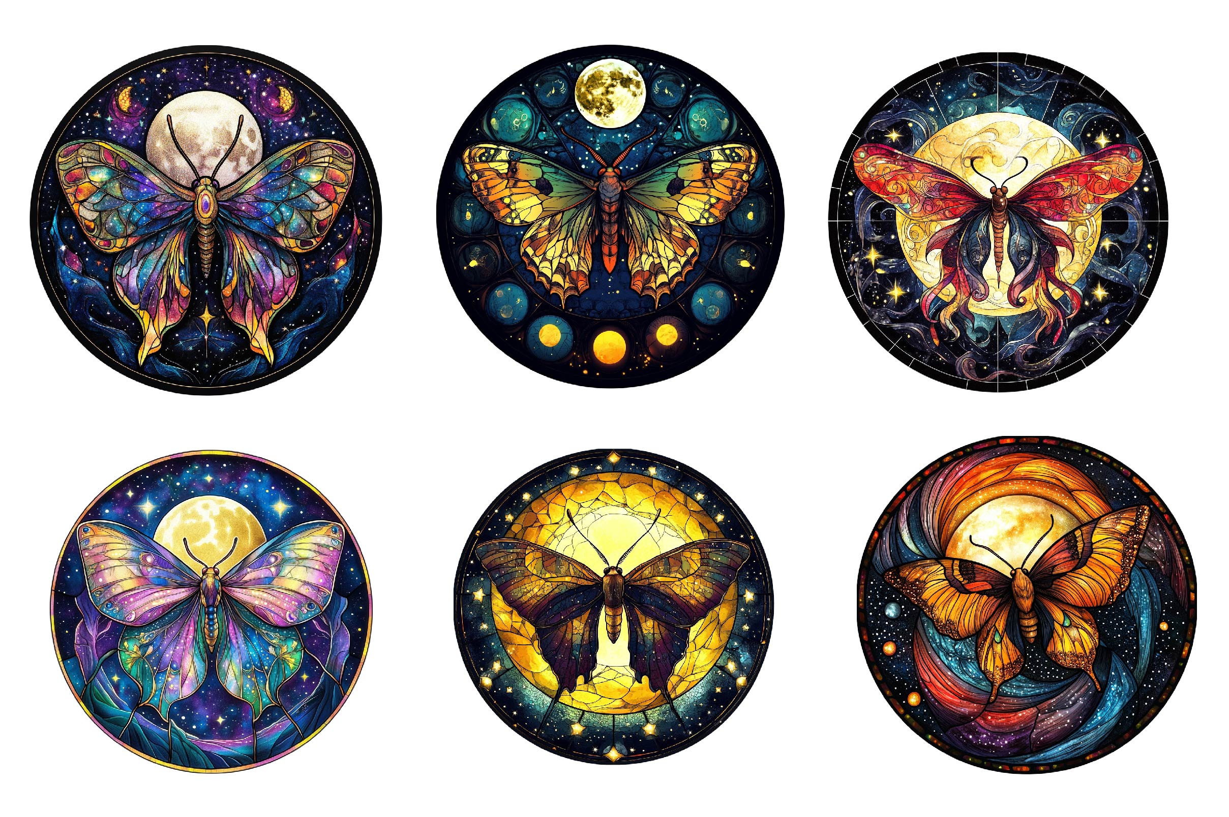 Lunar Moth And Moon Round Stained Glass Clipart Bundle