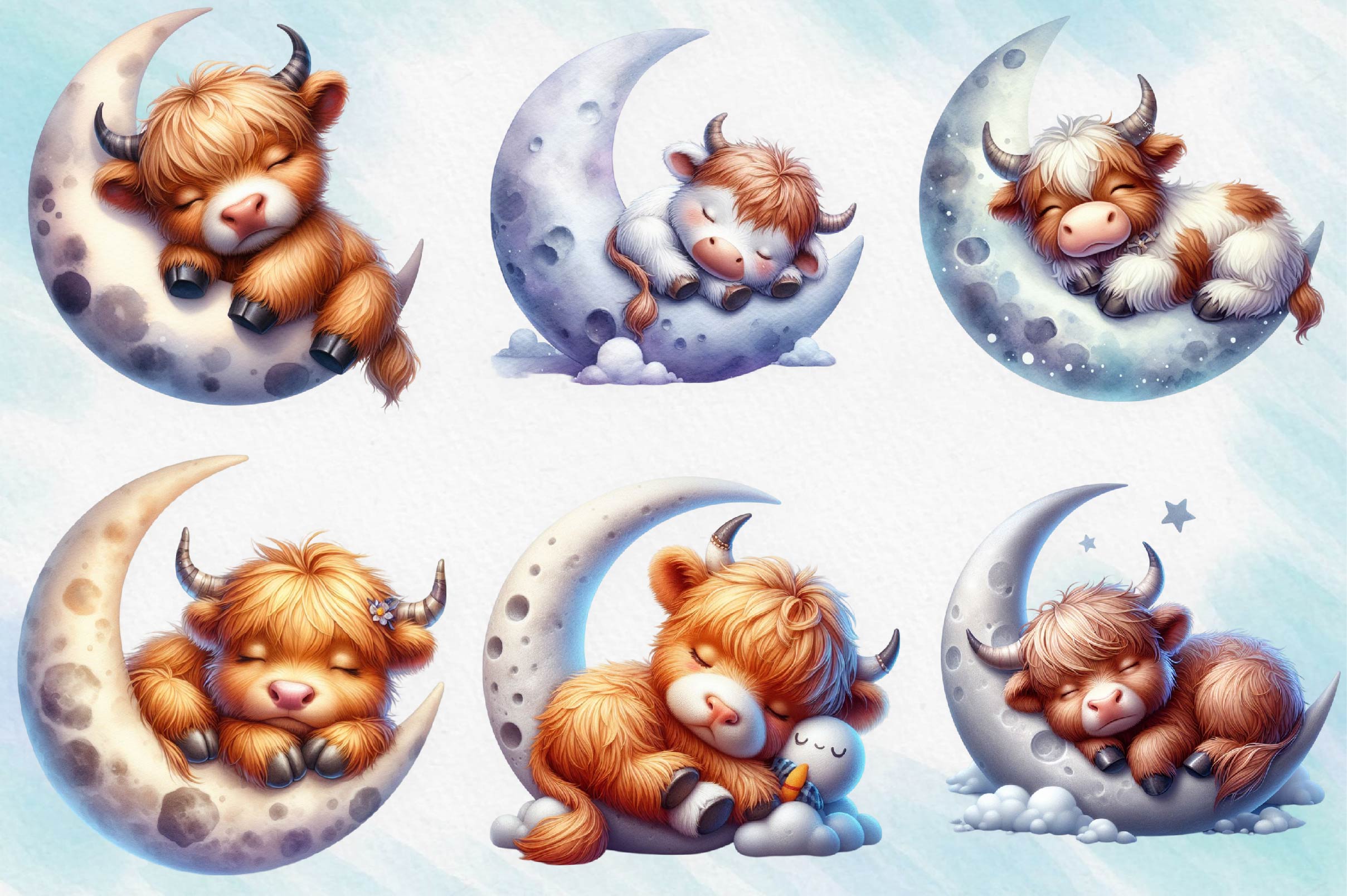 Sleeping Highland Cow Clipart Bundle