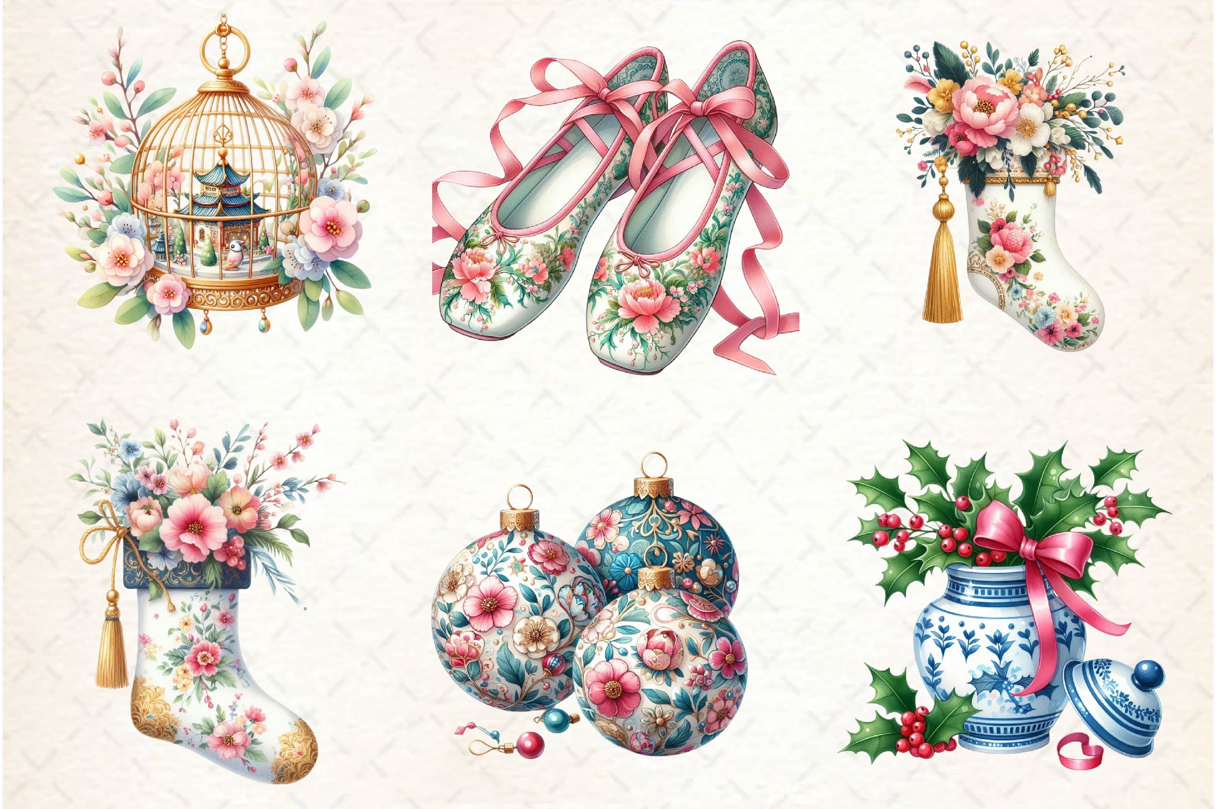 Coquette Chinoiserie Christmas Clipart Bundle