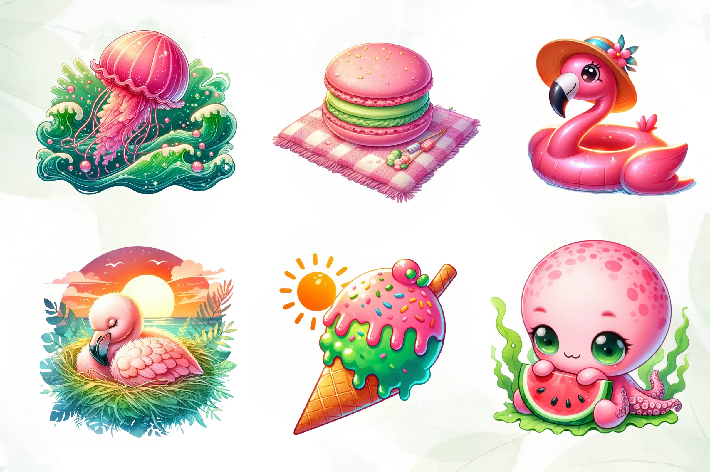 Pink And Green Summer Clipart Bundle