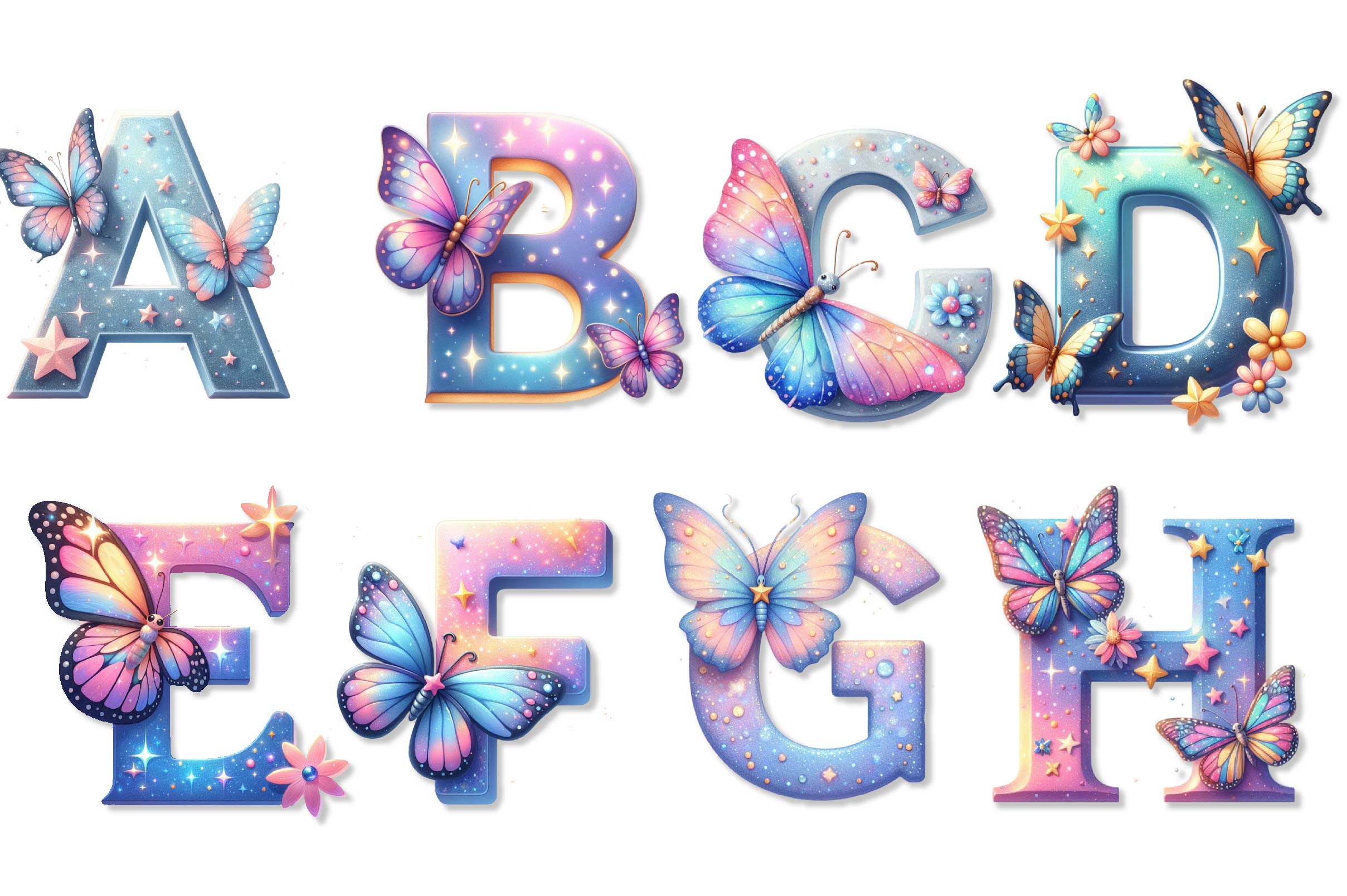 Sparkling Stars Butterflies Alphabet Clipart Bundle