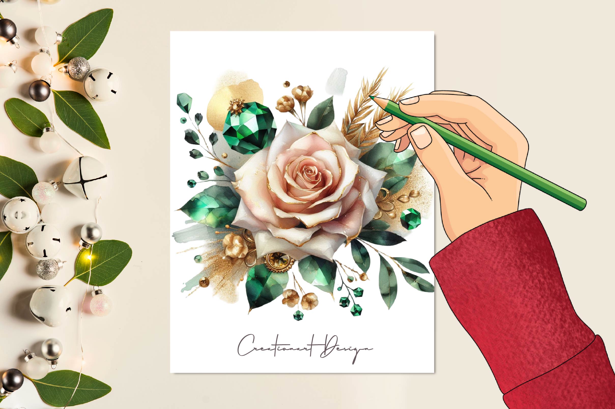 Emerald And Gold Glam Rose Clip Art Clipart Bundle