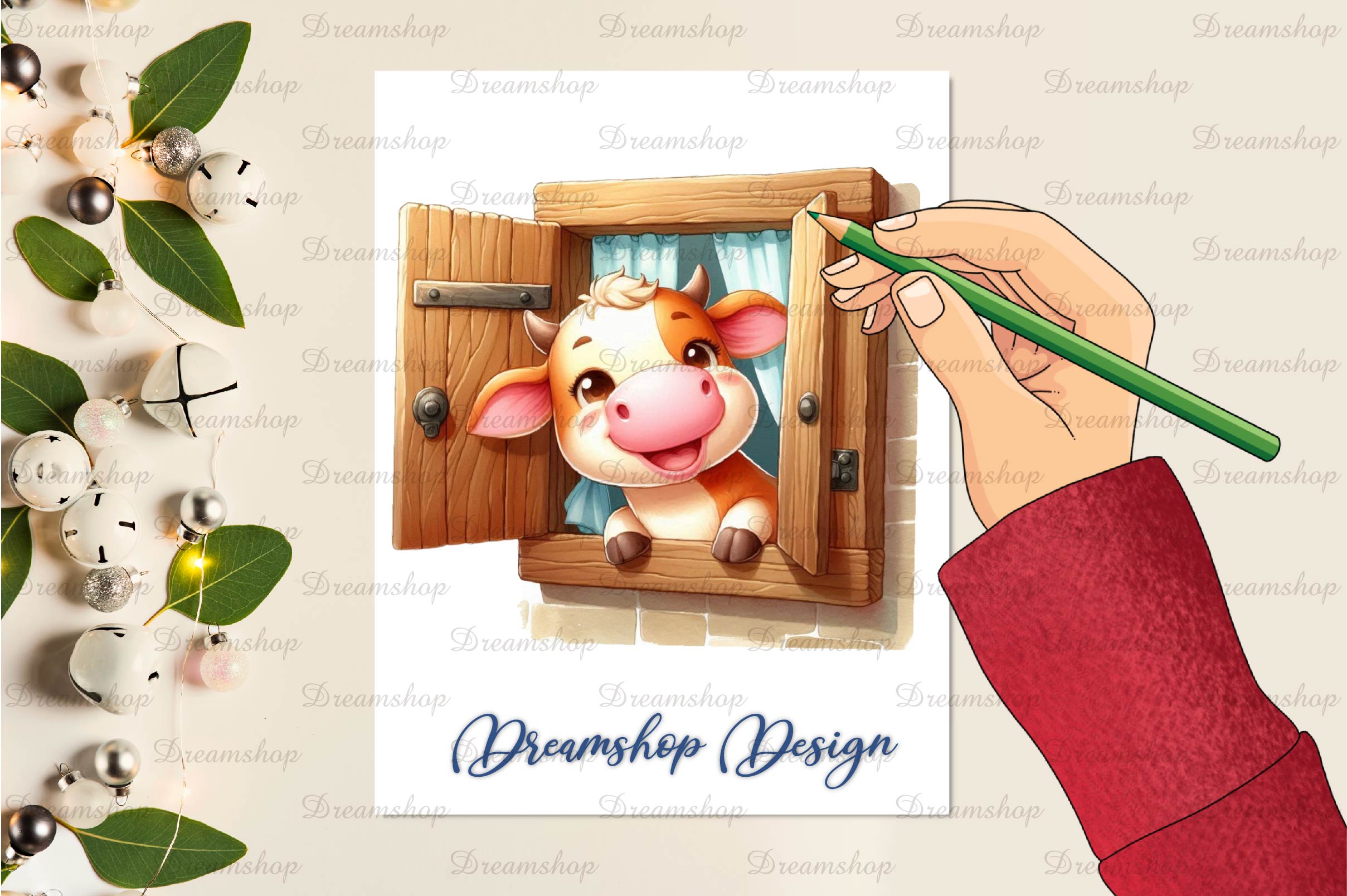 Cute Cows Peeking Wooden Window Clipart Bundle