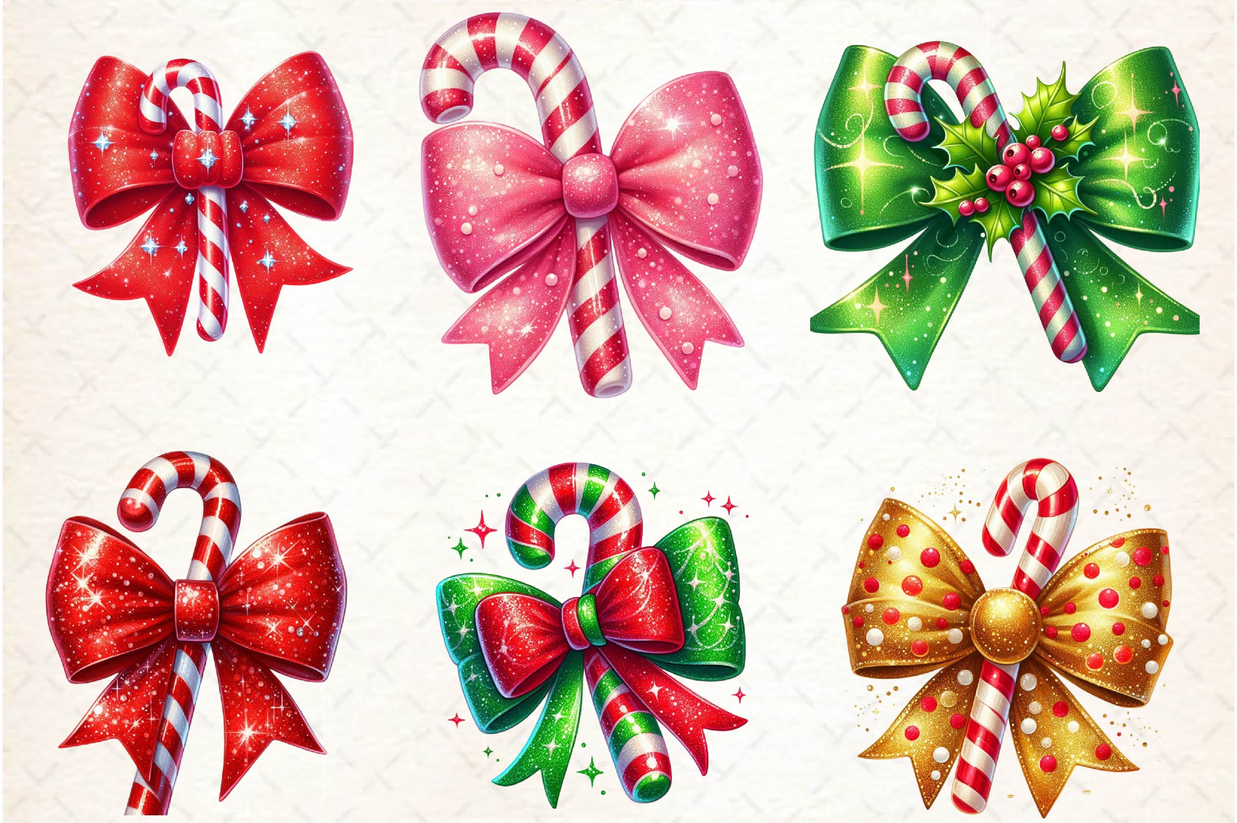 Glitter Christmas Bow Candy Cane Clipart Bundle