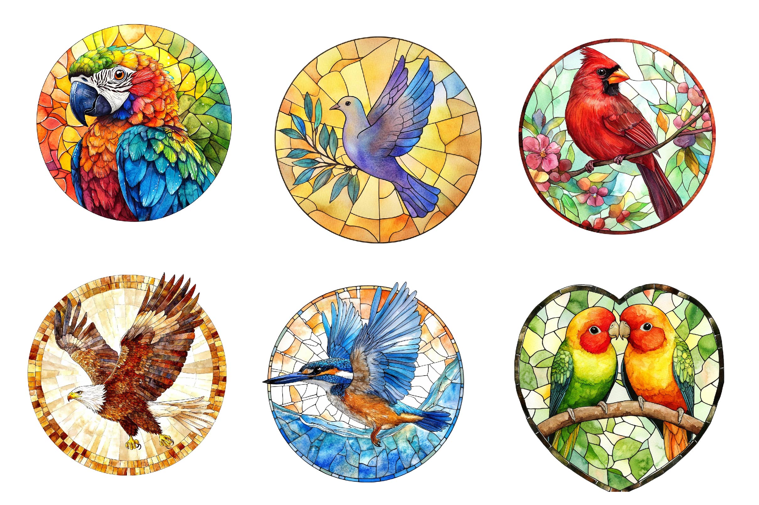 Round Stained Glass Birds Clipart Bundle