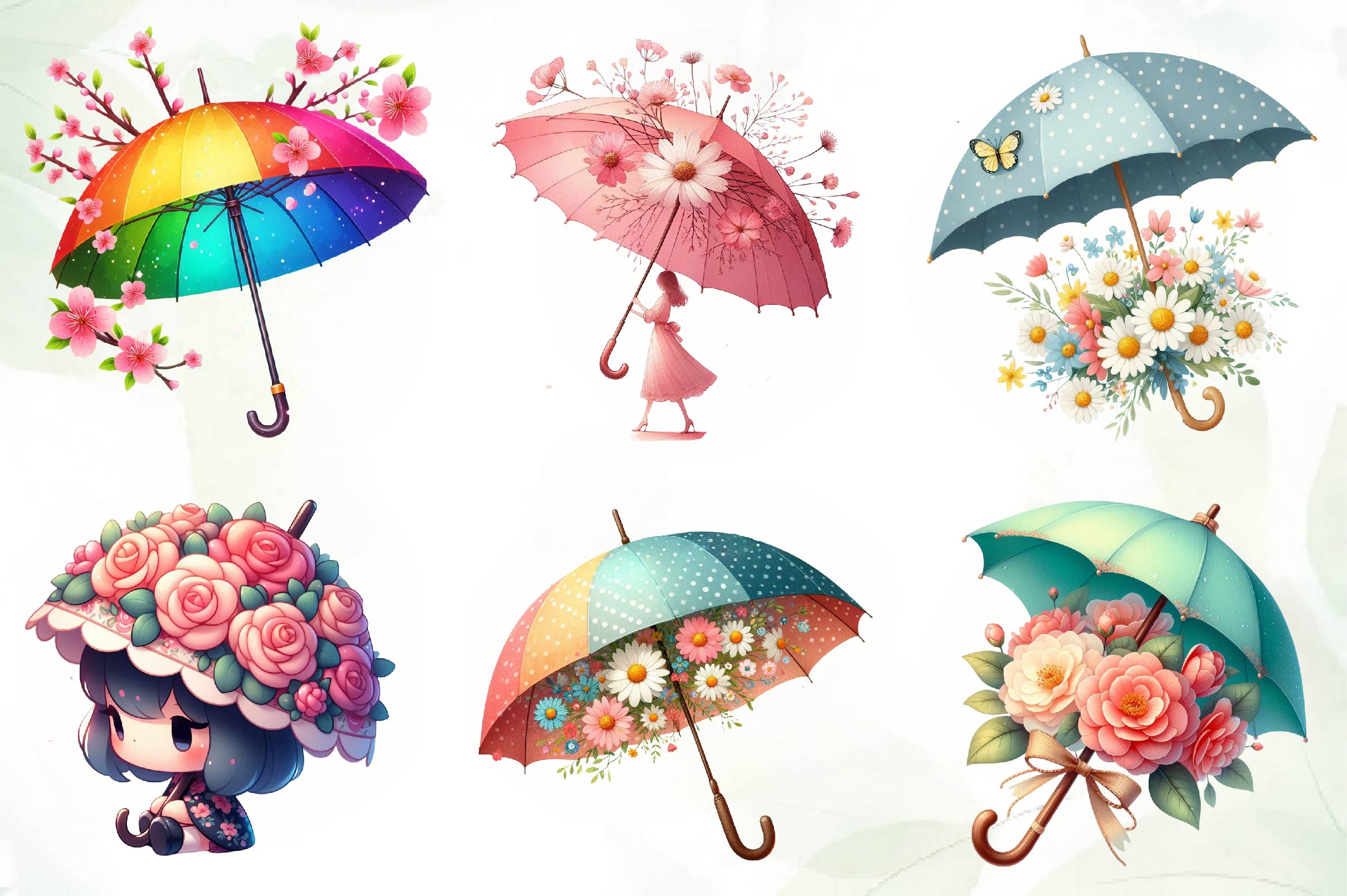 Spring Flowers Umbrella Clipart Bundle 2