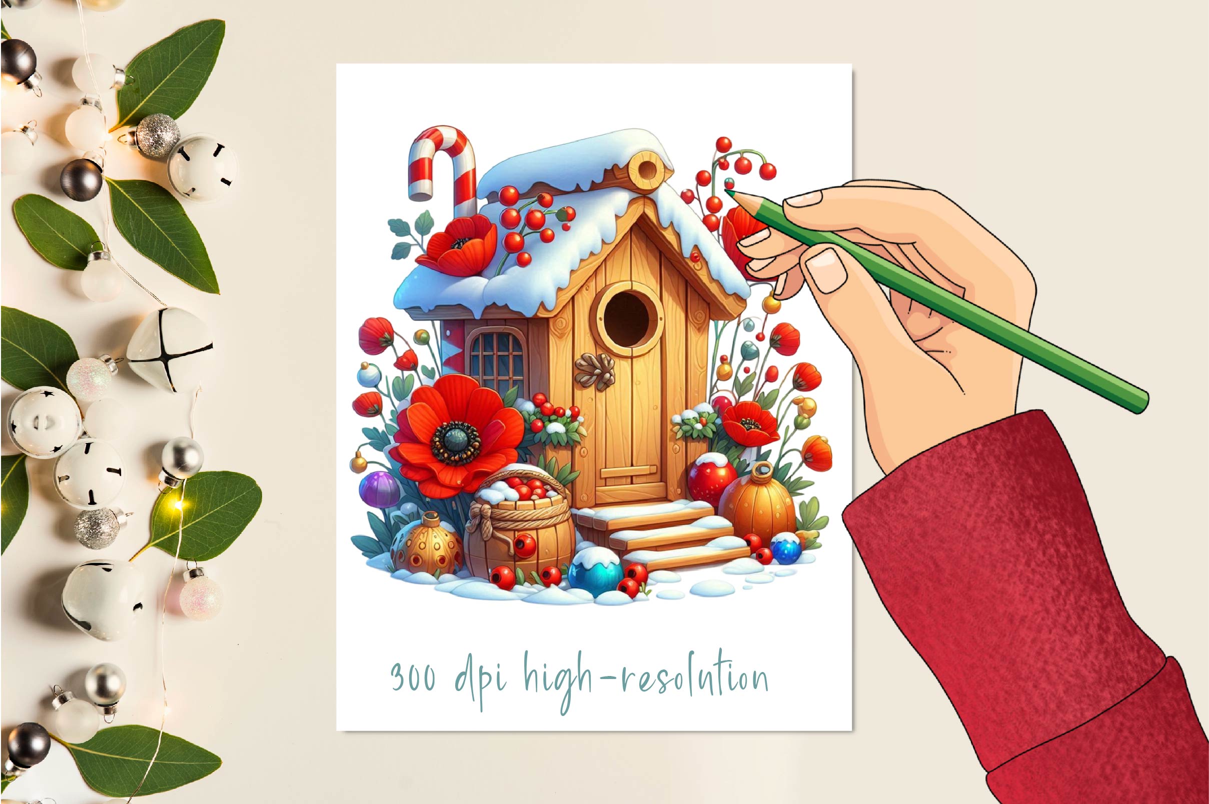 Christmas Wooden Bird House Clipart Bundle
