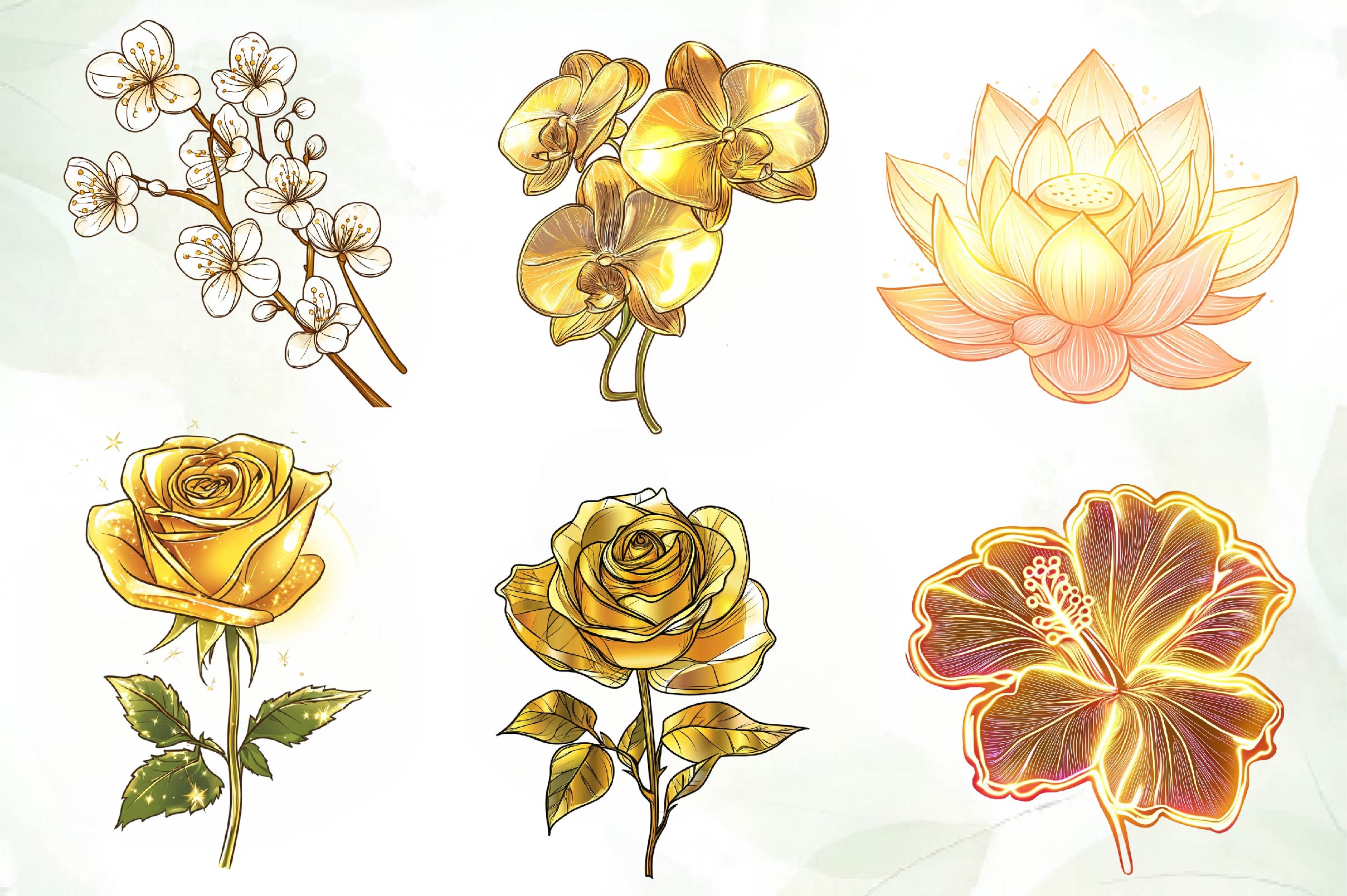 Gold Glowy Flowers Flower Clipart Bundle