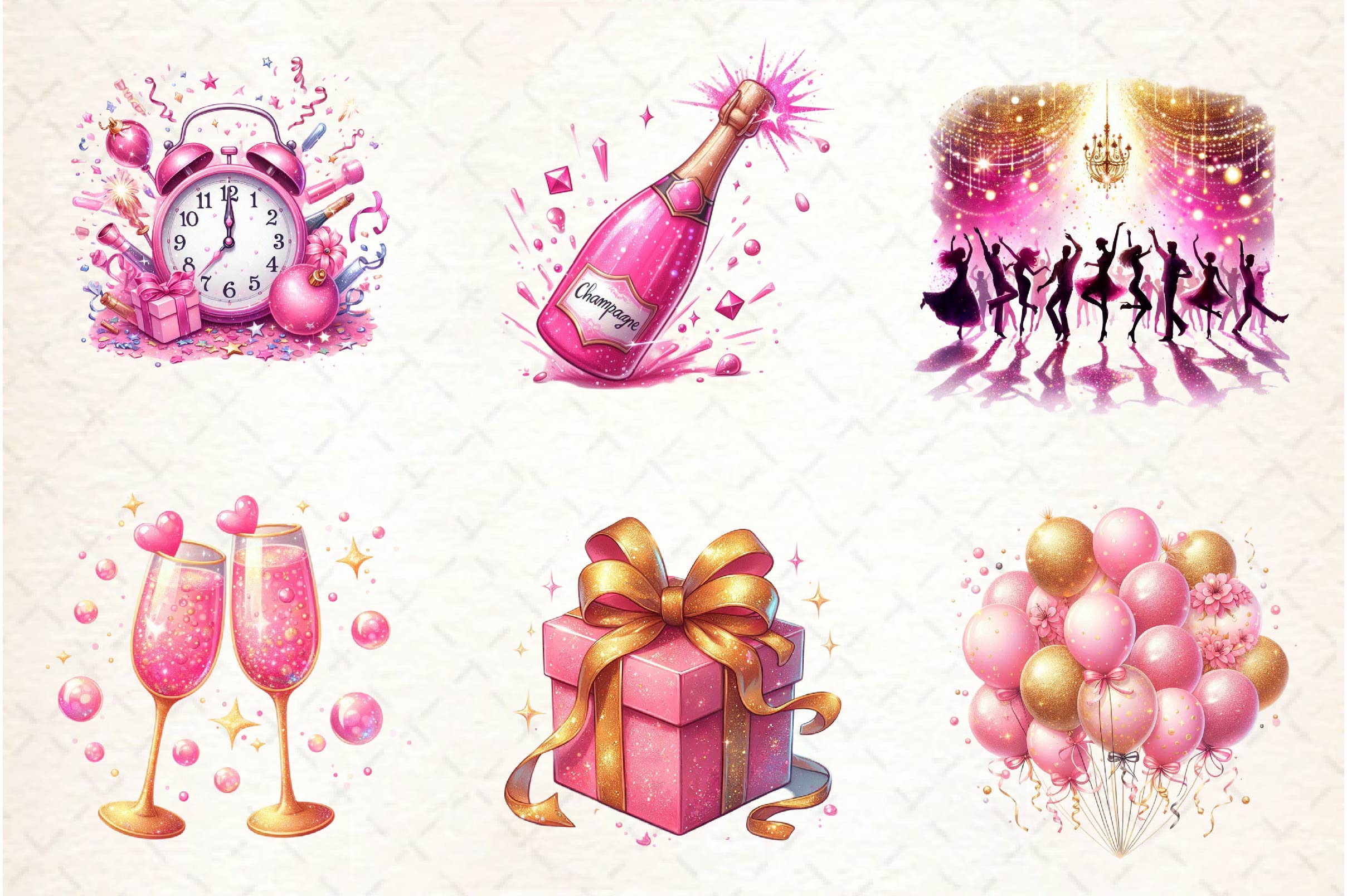 Glitter Pink Happy New Year 2025 Clipart Bundle