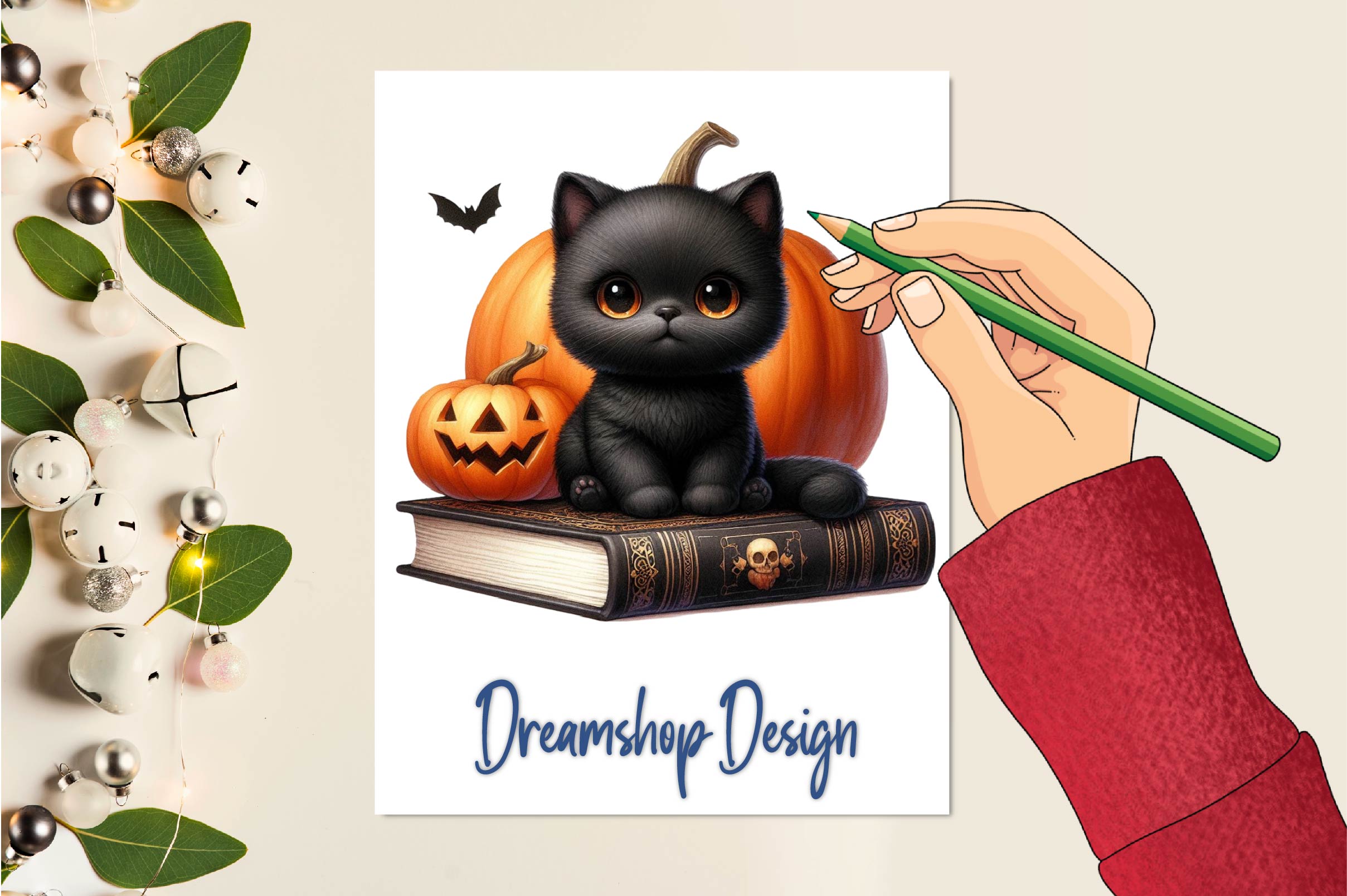 Halloween Black Cat On Books Clipart Bundle