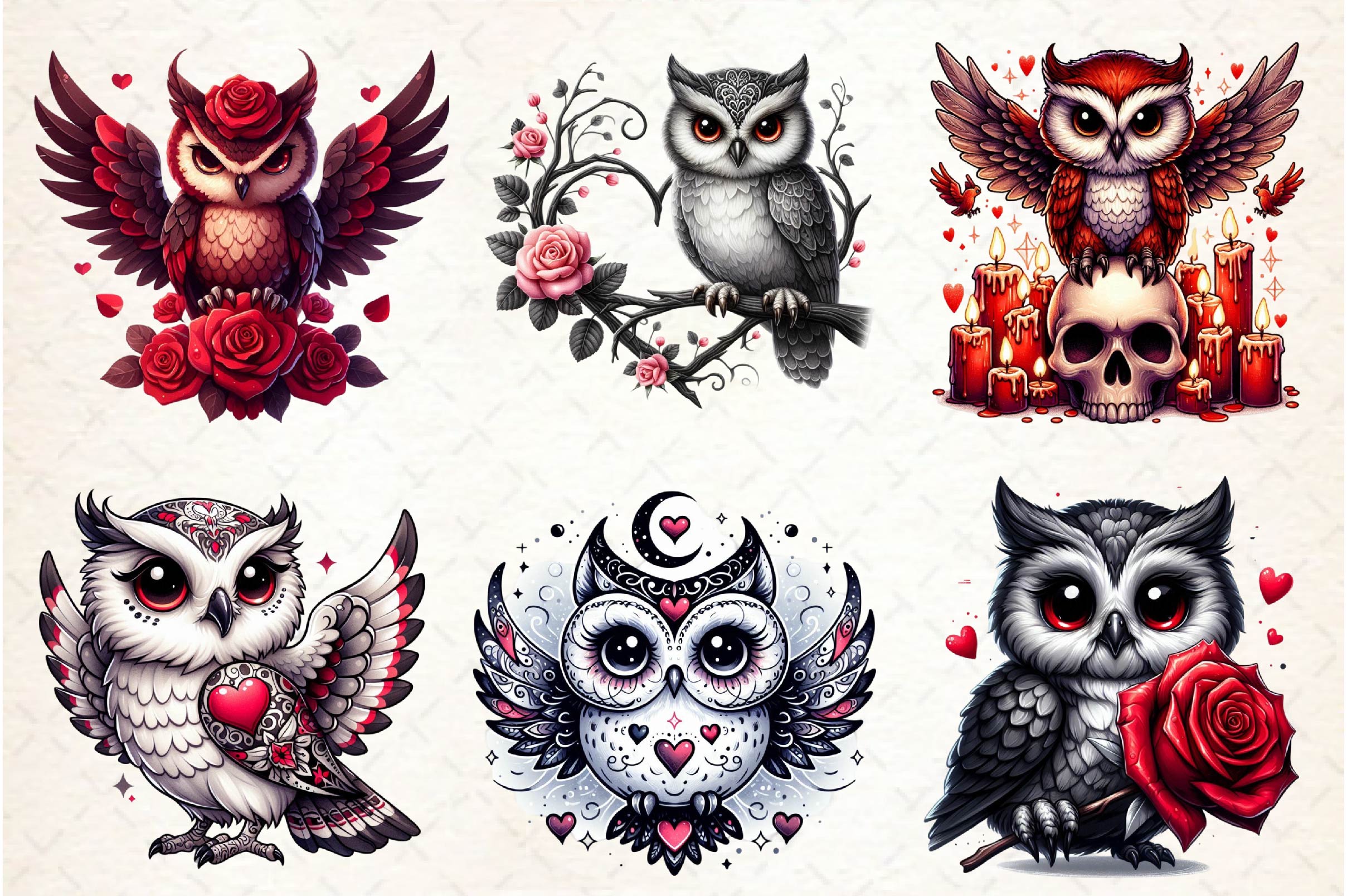Valentine Gothic Owls Clipart Bundle