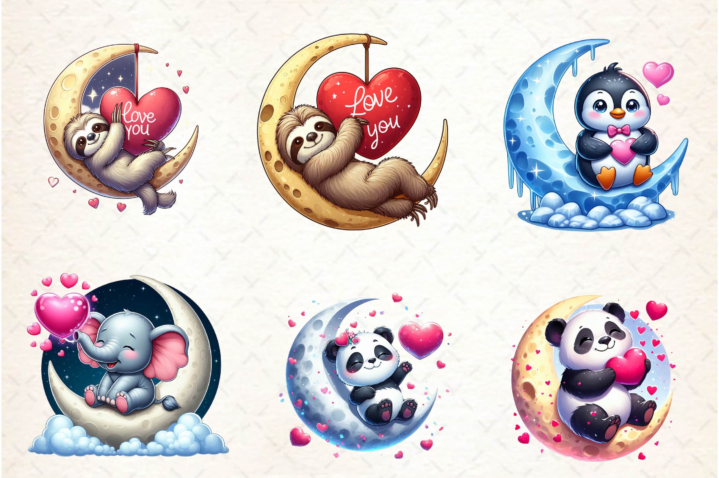 Valentine Animal On Moon Clipart Bundle