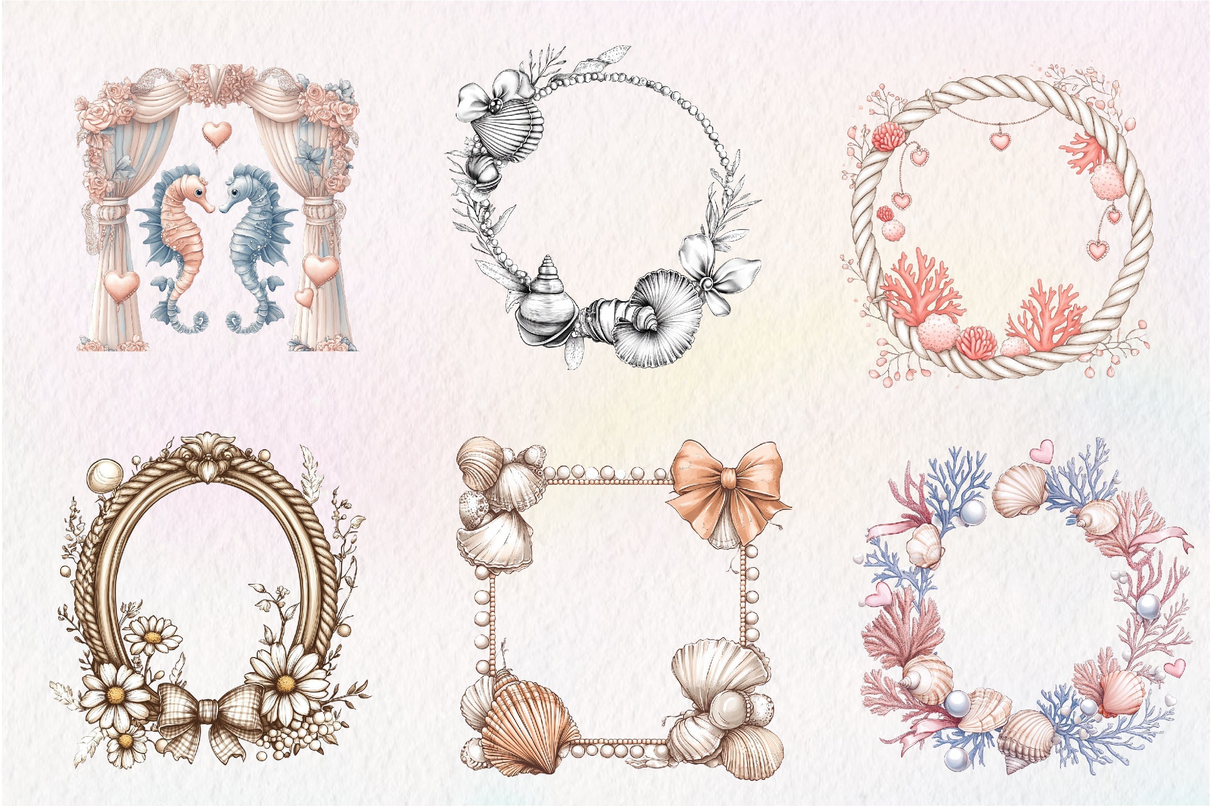 Coquette Coastal Summer Frame Clipart Bundle
