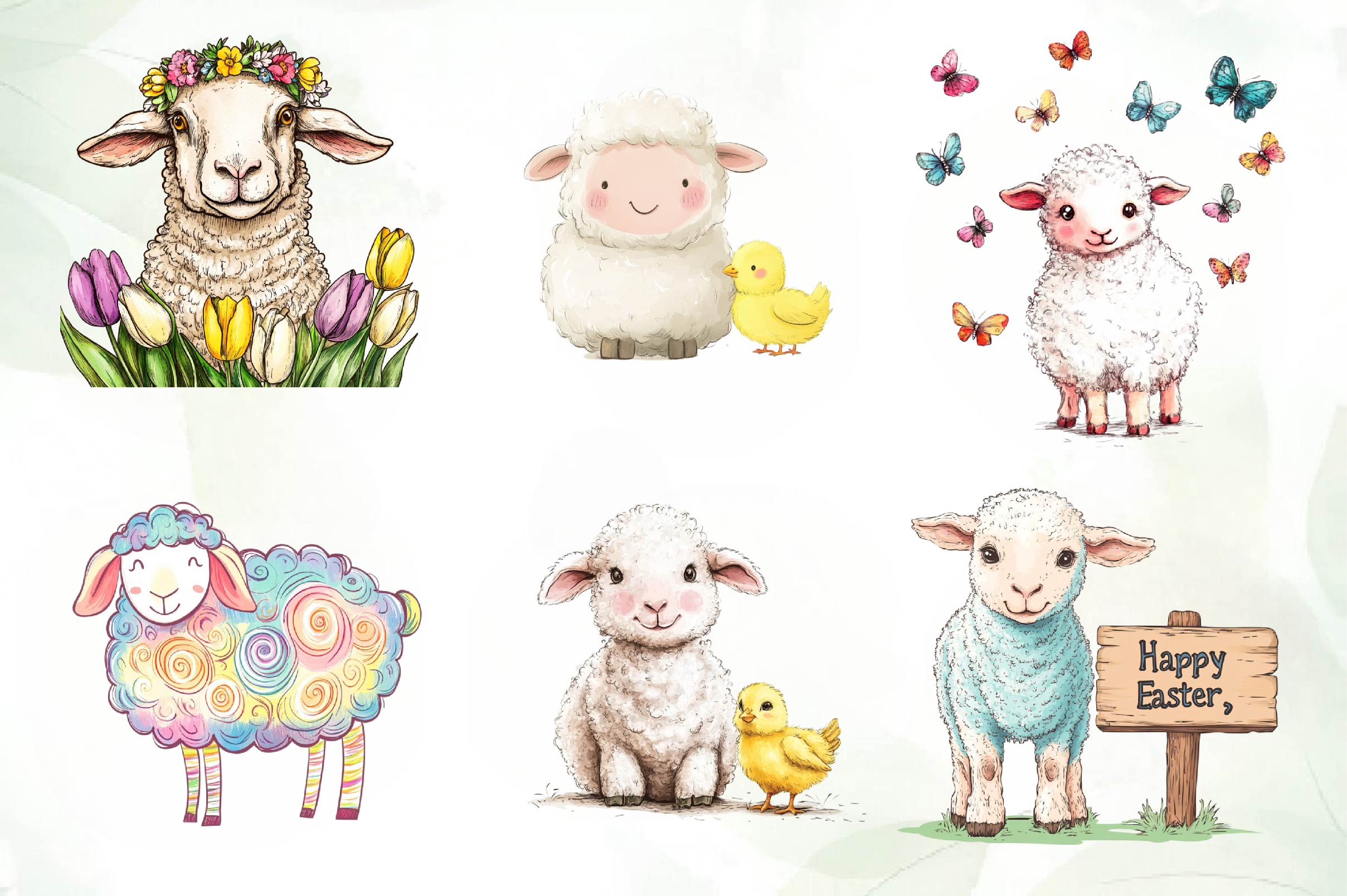 Brushstroke Sheep Easter Clipart Bundle