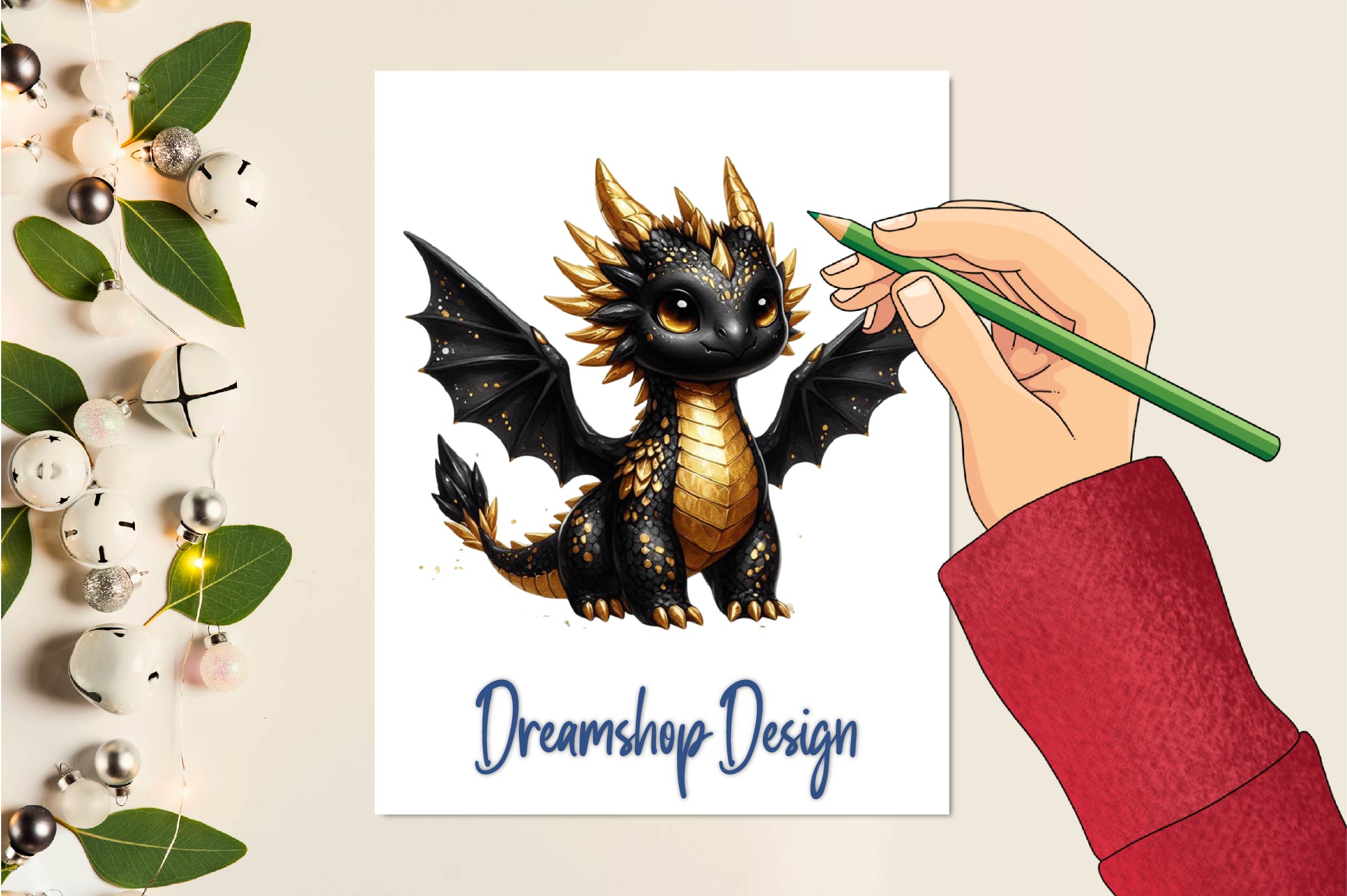Cute Black And Gold Baby Dragon Clipart Bundle