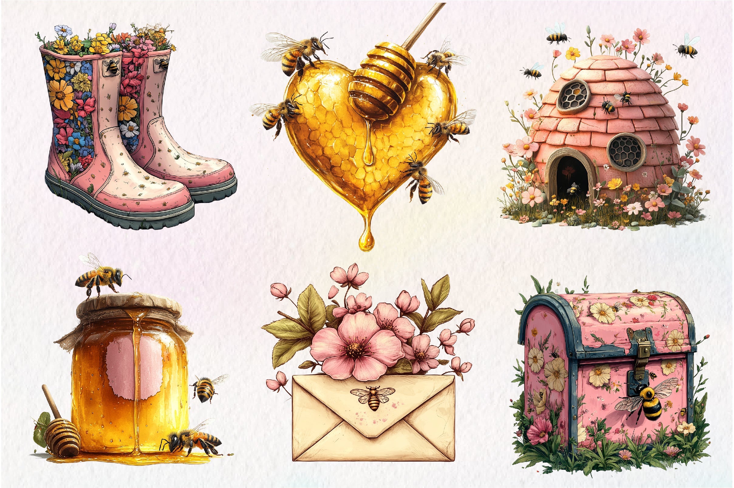Pink Summer Bees Garden Clipart Bundle
