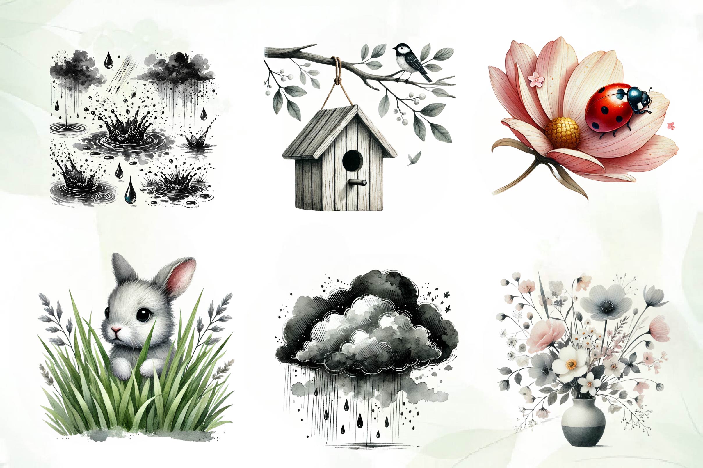 Black And White Spring Clipart Bundle