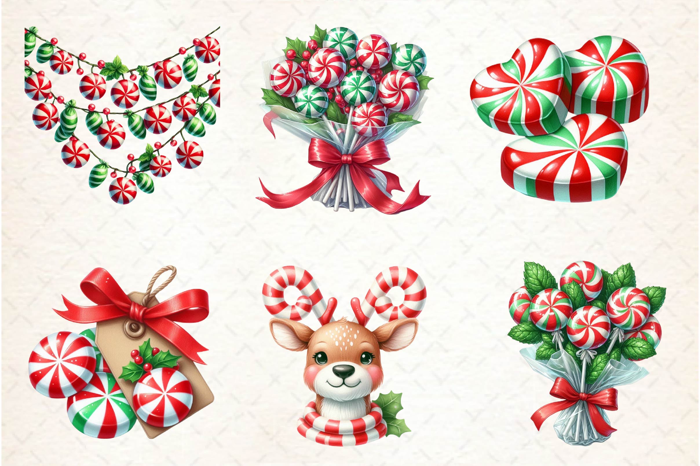 Red Green Christmas Peppermint Candies Clipart Bundle