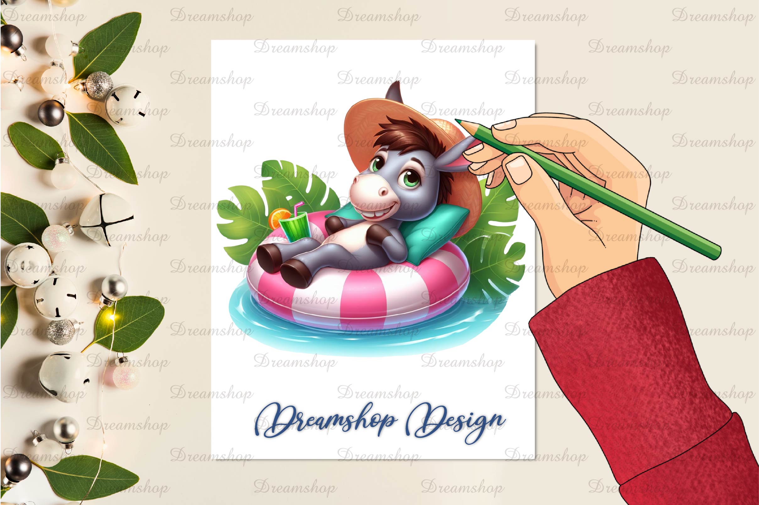Pink Animals Relaxing On Swimming Float Clipart Bundle