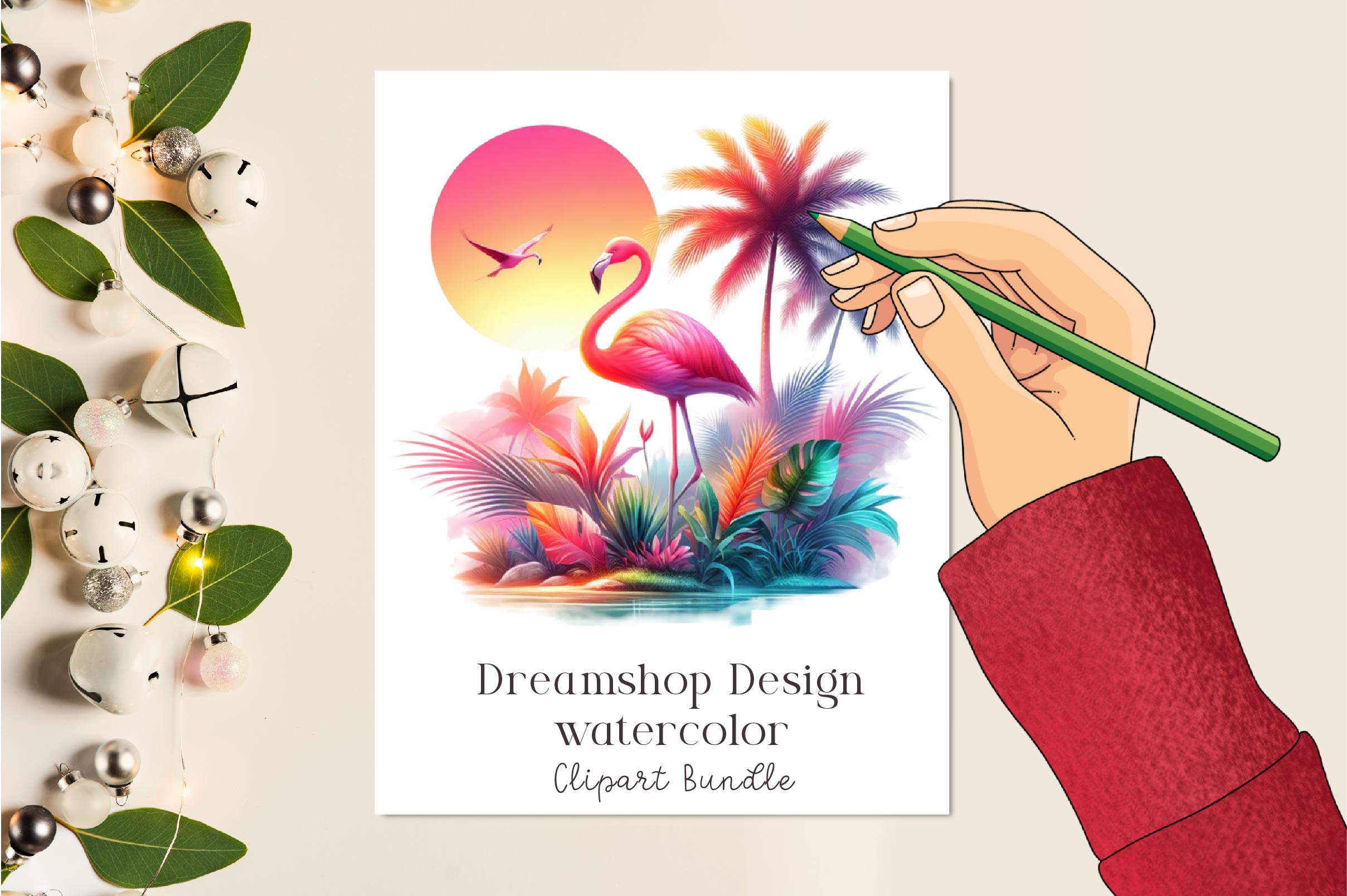 Tropical Sunset Flamingo Clipart Bundle