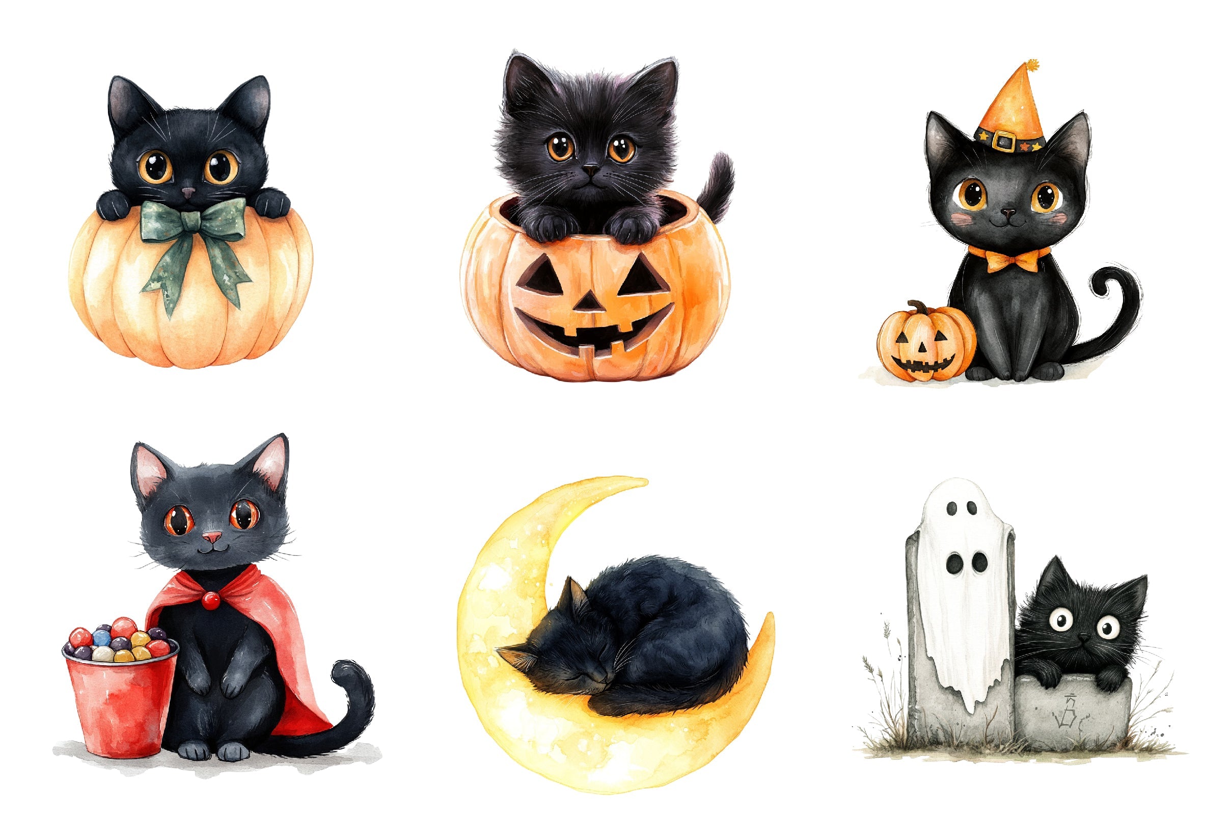 Cute Halloween Black Cats Clipart Bundle