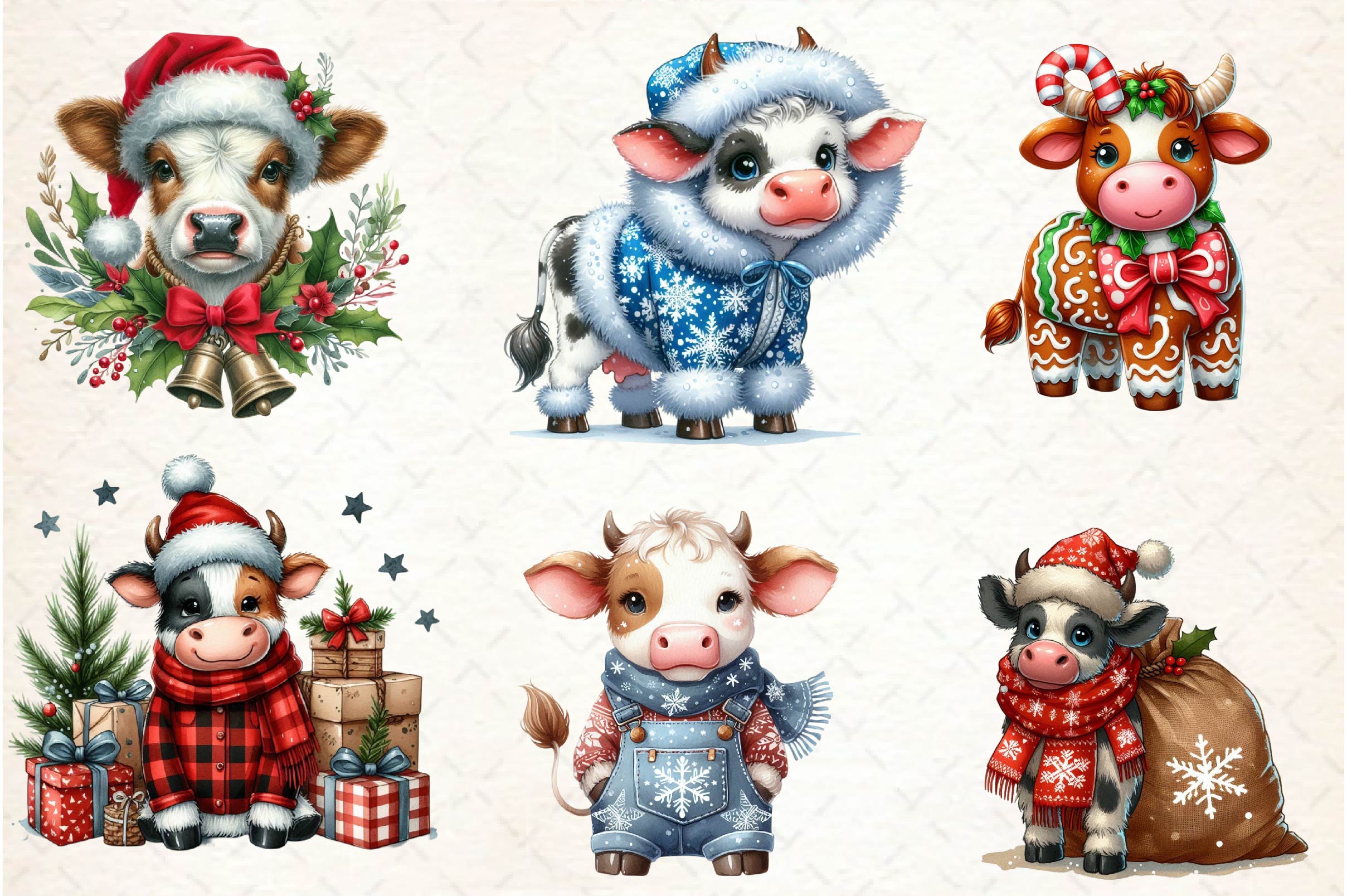 Old Rustic Christmas Cow Clipart Bundle