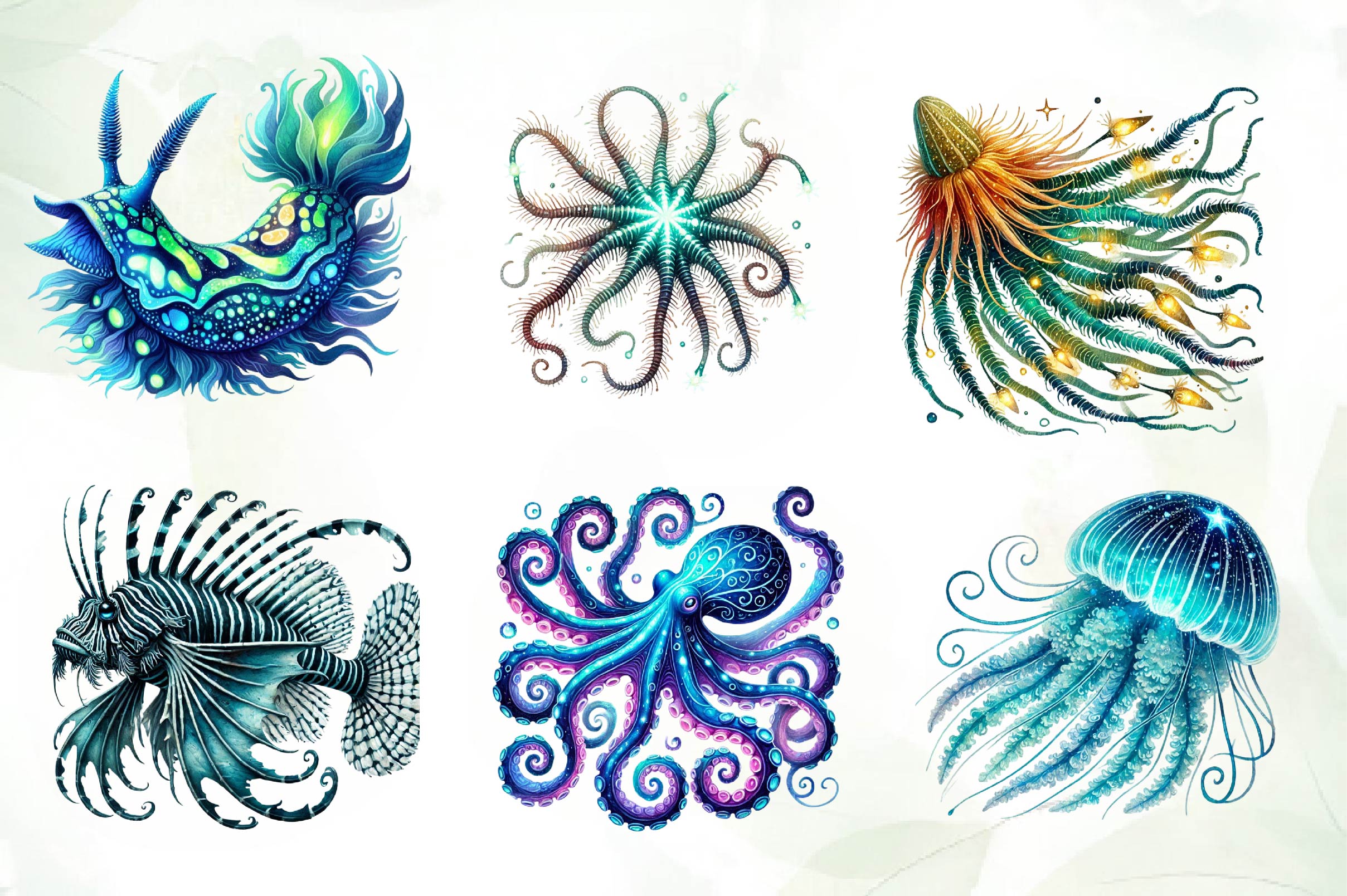 Bioluminescent Sea Animal Cliparts Clipart Bundle